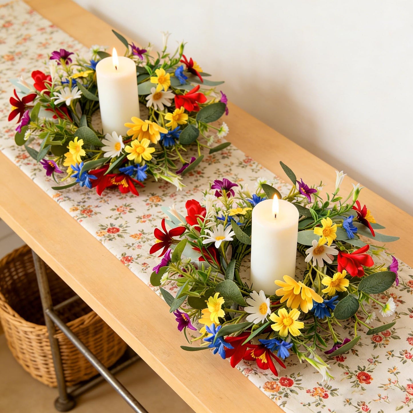 6 PCS Spring Summer Artificial Floral Candle Rings Wreath Sunflowers Daisy Forsythia Candle Rings Pillar Holder Wreath Mini Eucalyptus Candle Wreaths Kitchen Cabinet Swags for Home Tabletop Decor