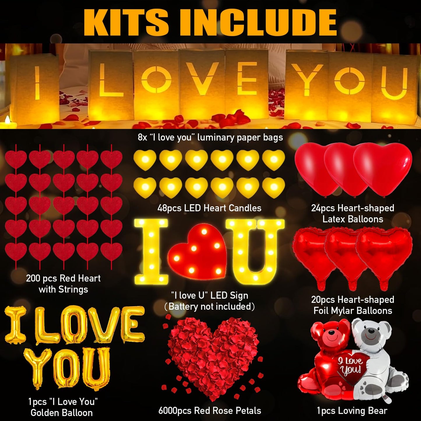 6000+PCS Rose Petals and Candles Set for Romantic Decorations Special Night - I Love You Letters Balloon and 8 Luminary Bags 6000 Rose Petals 48 Heart Candles for Anniversary Valentines Day Proposal