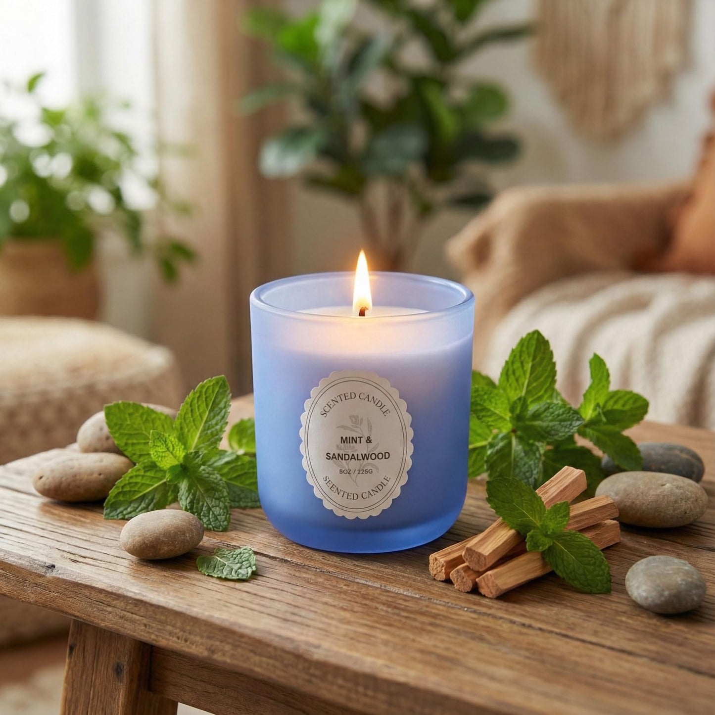 Mint & Sandalwood Scented Candle 8oz – CW Studio Color-Sprayed Glass Jar, Fresh Cool Mint & Warm Wood Aroma – Bathroom Kitchen Office Gift Candle for Women, Mother's Day Housewarming – 40-45 Hour Burn