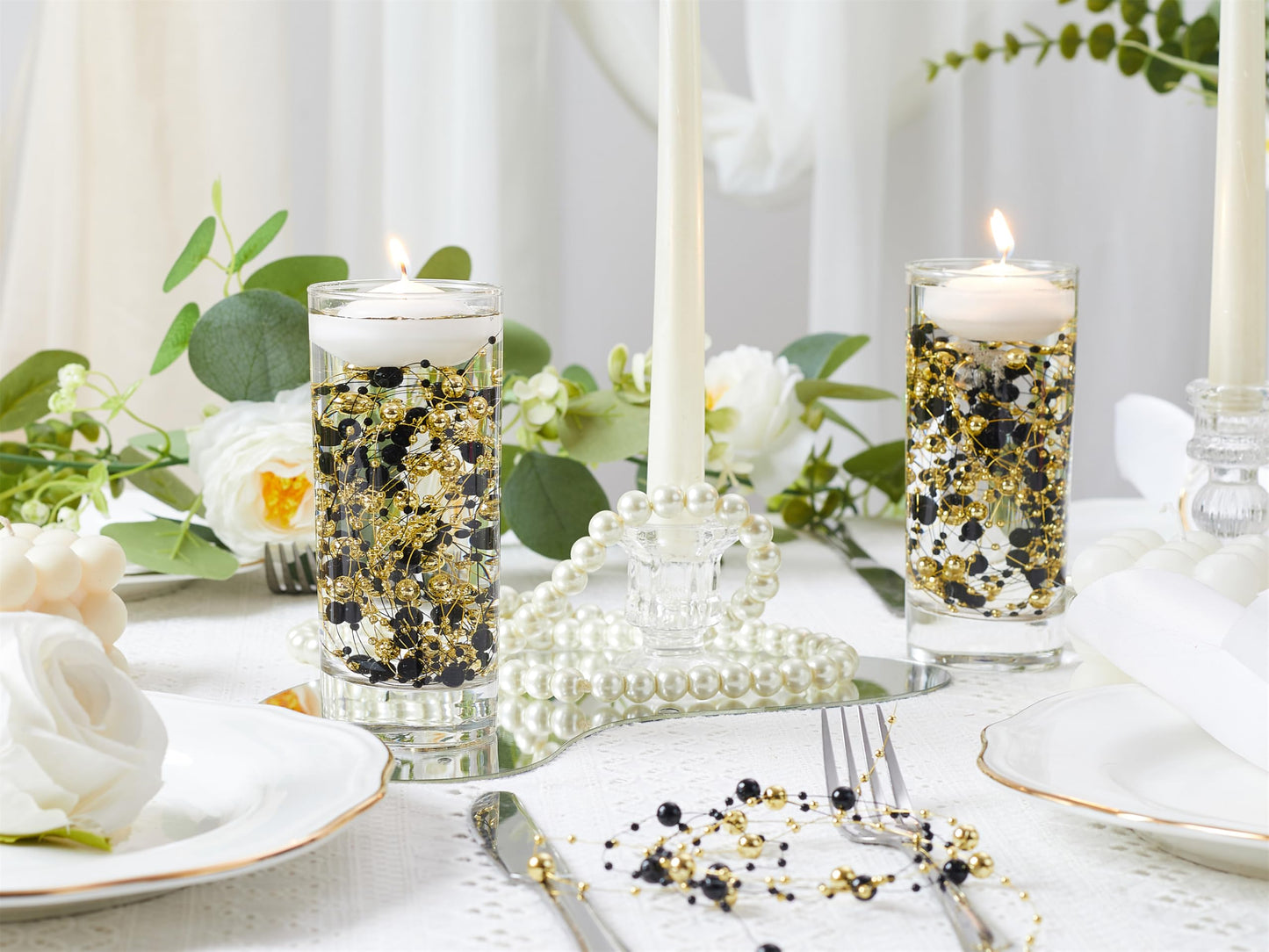 YATOJUZI 30 PCS Artificial Pearl String Black Gold Vase Filler Floating Pearls for Vases Centerpieces Faux Pearl Beads String Decorations Holiday Wedding Anniversary 50th Birthday Party Decor