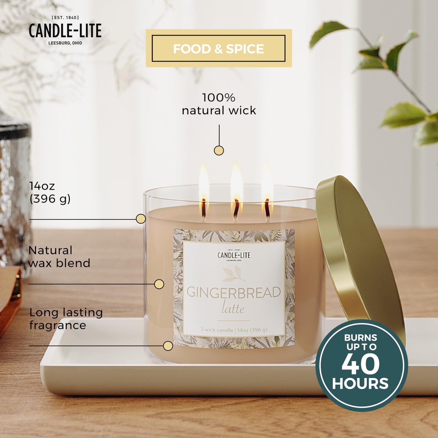 Candle-lite Holiday Scented Candles, Gingerbread Latte Fragrance, 14 oz 3-Wick Jar Candle, Proudly Poured in USA, Christmas Home Decor Candle, 40 Hours of Burn Time, Holiday Gift for Men and Women