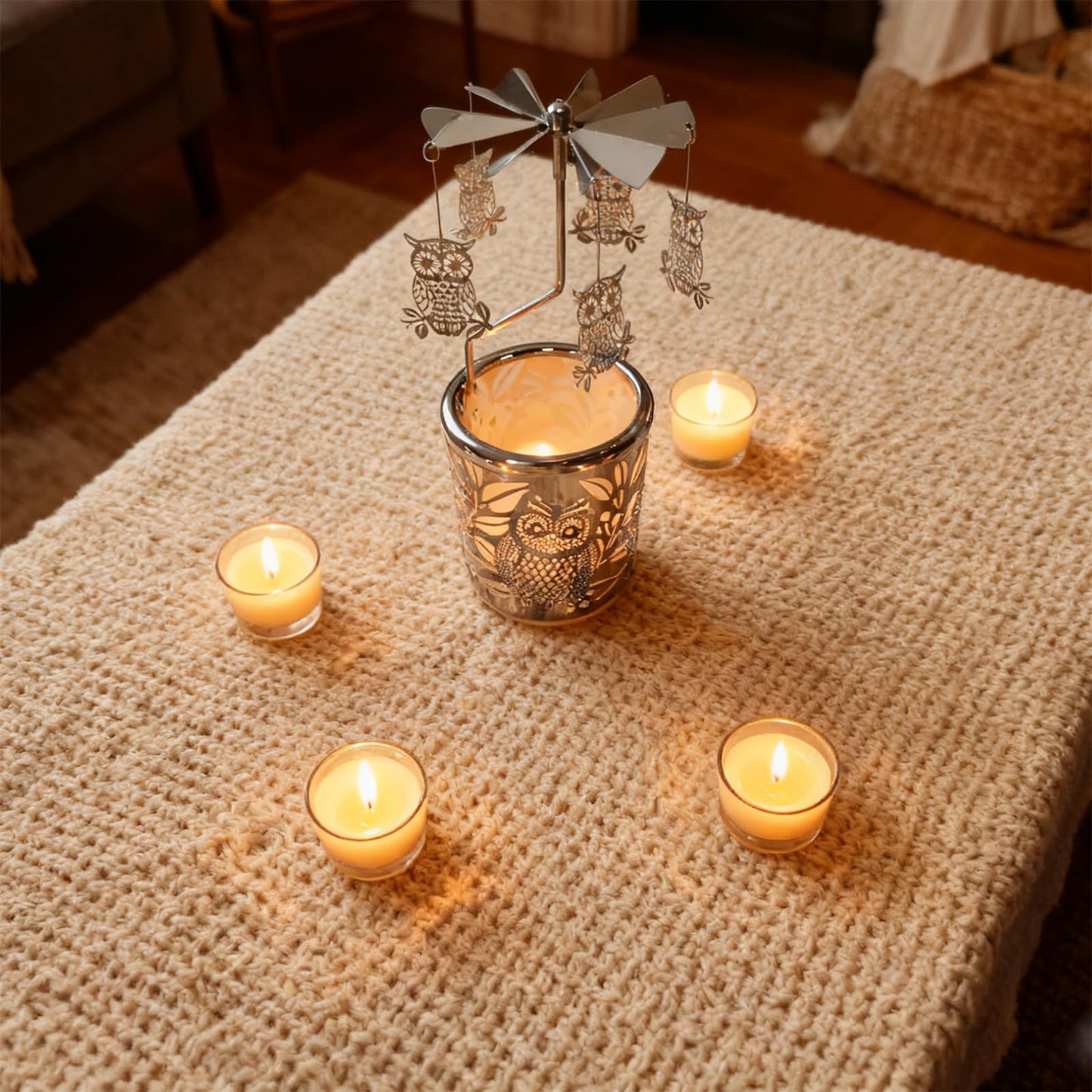 Carousel Rotary Candle Holder Spinning Birthday Gifts for Women, Mom, Wife, Girlfriend, Sister, Her, Metal Windmill Tea Light for Female Friends (Silver owl)
