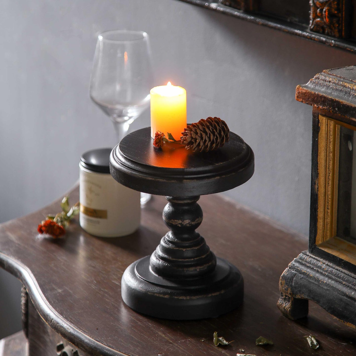 SOFE Black Wood Display Riser, Rustic Small Pedestal Stand/Planter Stands, Tray Holder for Decor, Unique Wooden Base 7 Inches Tall for Mini Items, Candle, Figurine