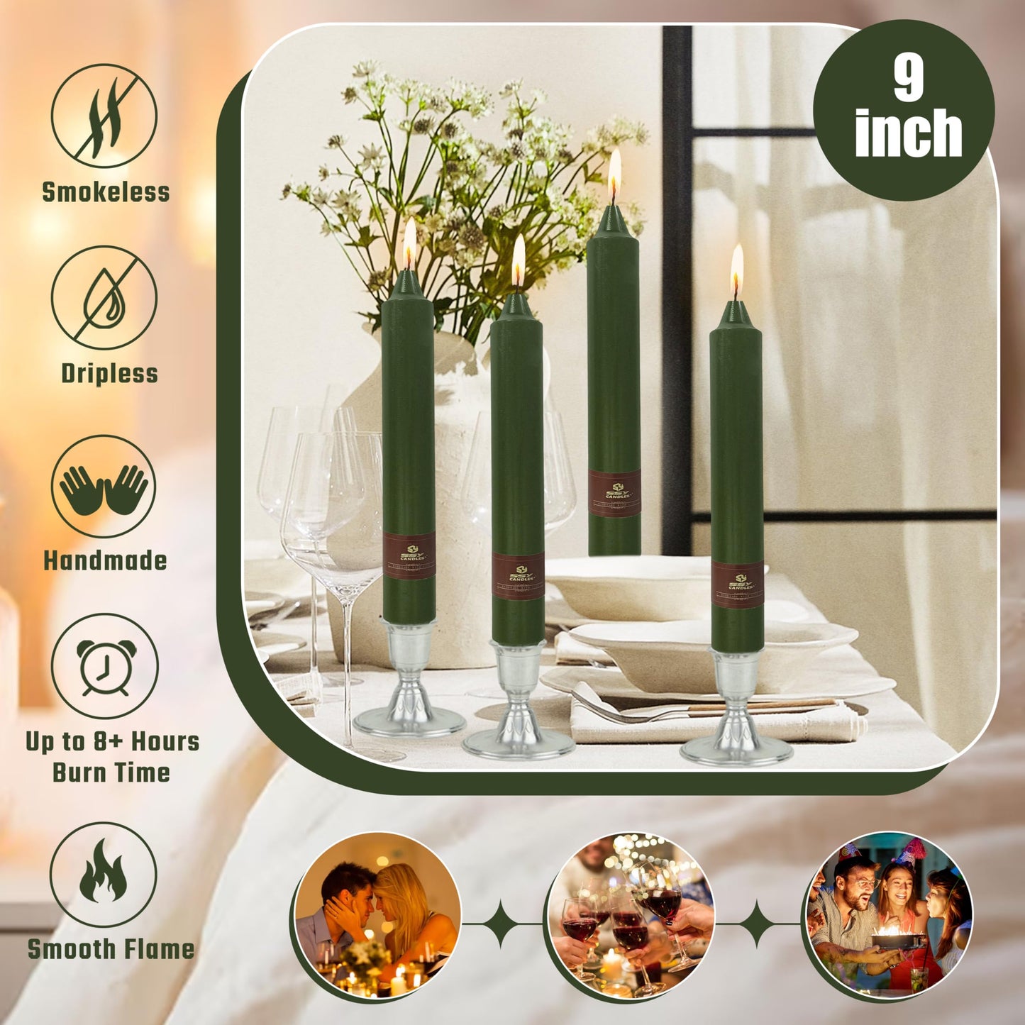 Olive Green Taper Candles Sticks Unscented 9 inch Tapered Candle Ideal as Dinner Smokeless Long Burning Candlesticks for Weddings Dinner Party Home Decor