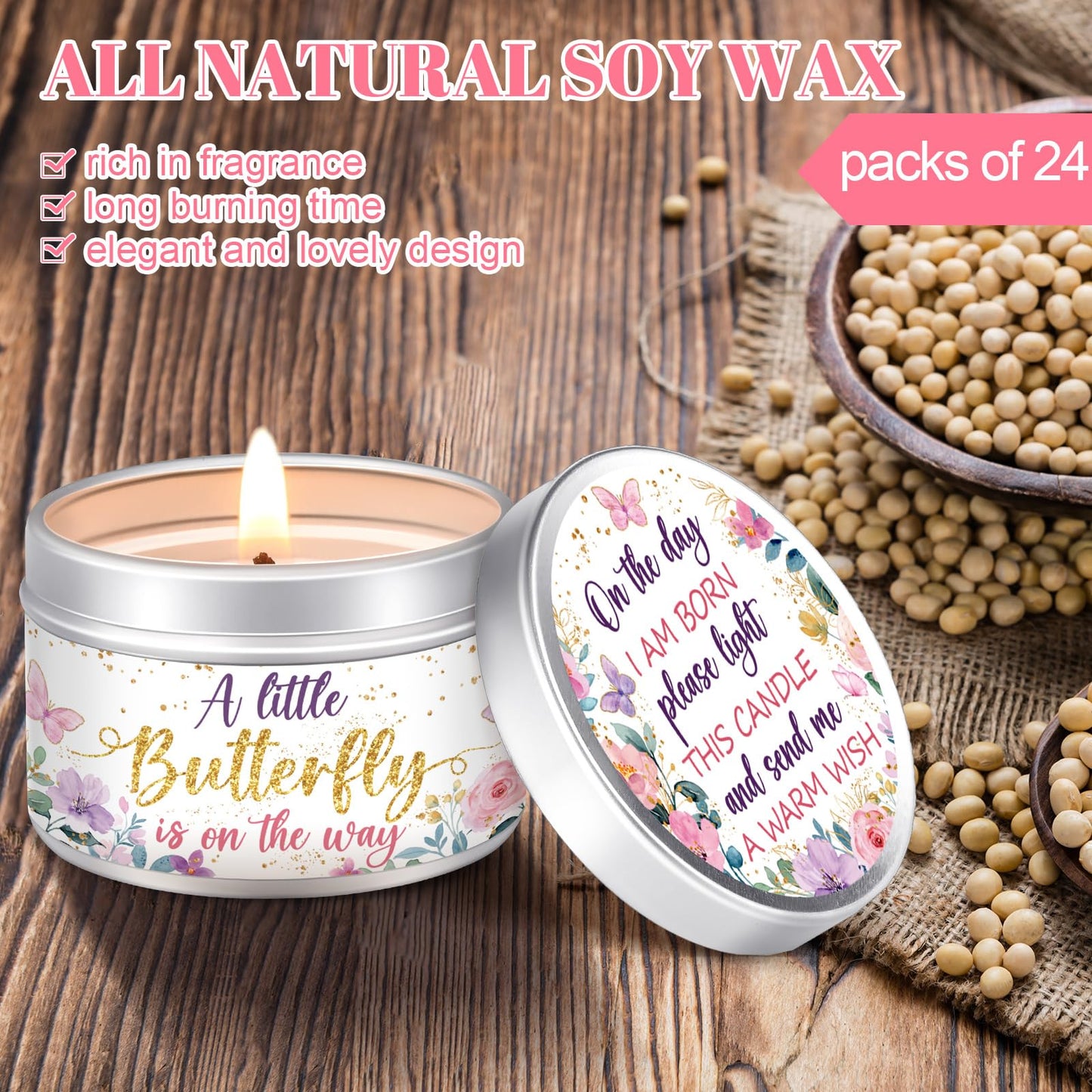 MTLEE 24 Pcs Butterfly Baby Shower Party Favors Candles Lavender Scented Baby Shower Favors for Guests Rustic Tealights Candles Gender Reveal Return Gifts (1.2 oz, Gold)