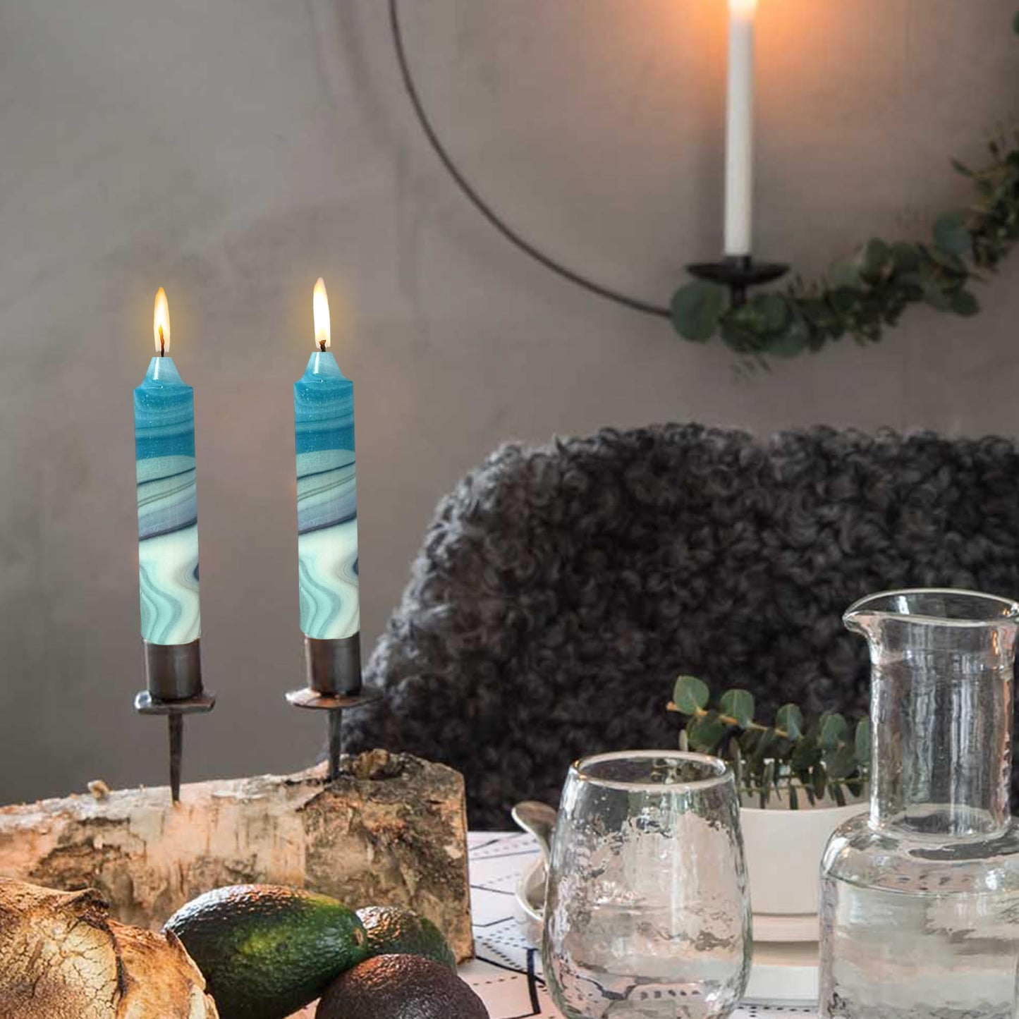 7 inch Short Candle Blue Quicksand Print Candle 4 Pack Handmade Unscented Taper Candles Printed Candlestick Smokeless Tapered Candles for Home Dinner Wedding Holiday