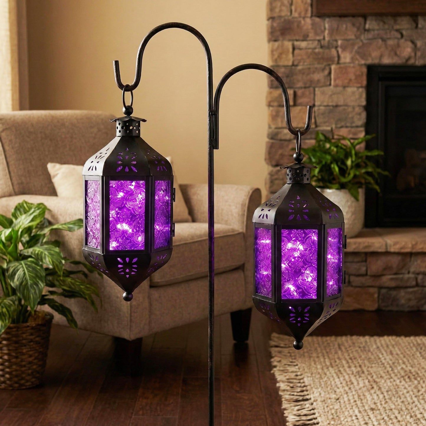 Vela Lanterns Gothic Candle Holder, Hanging Lantern Indoor Lamp, Witchy Whimsigoth Home Decor, Decorative Moroccan Purple Glass Halloween & Vampire Decorations, Metal with 12" Chain, Purple Glass