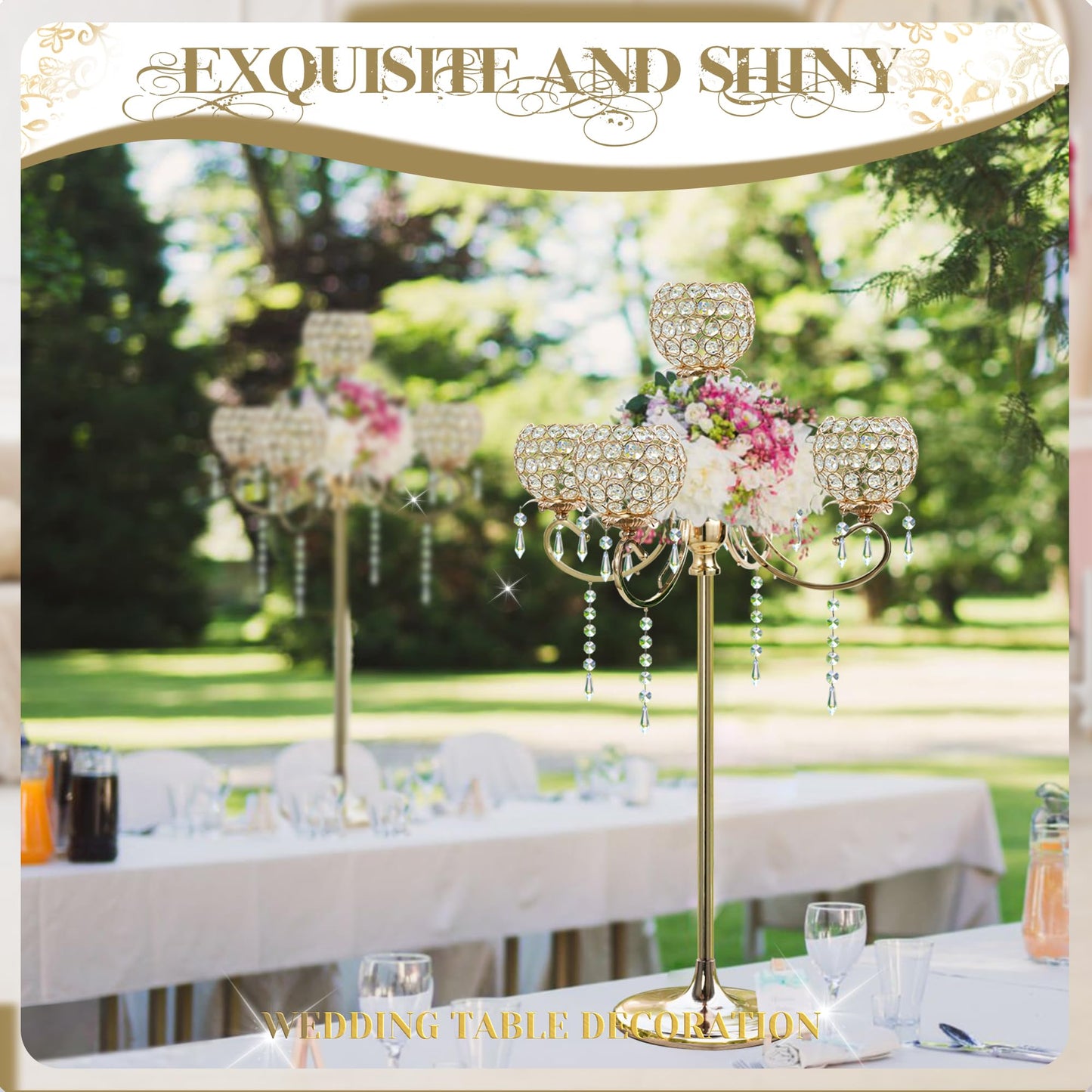 50" Tall Large Elegant Crystal Candelabra/Candlestick Holder Centerpiece for Weddings, Parties & Reception Decoration, Tealight Tray & Gorgeous Floor Candelabra Home Decor(Gold-1pc, 5-Arm)