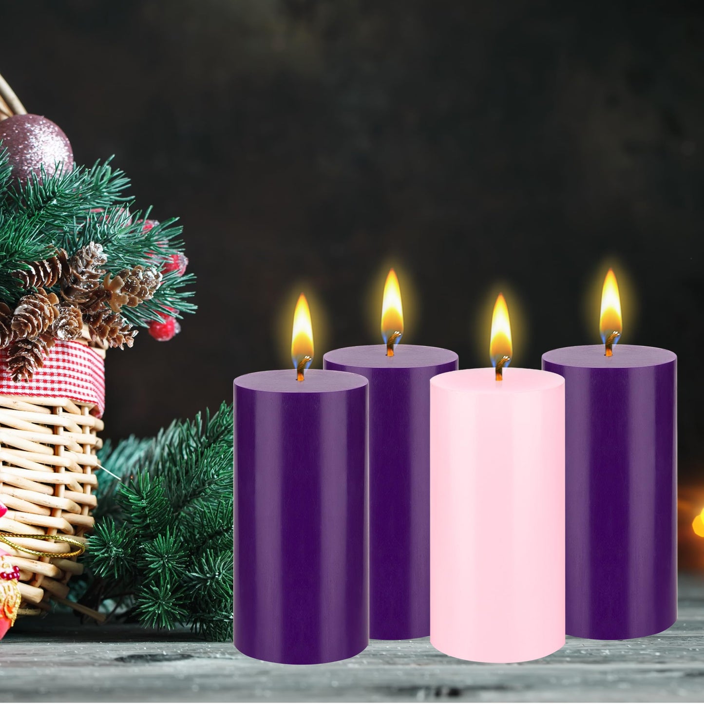 Mega Candles 4 pcs Unscented Christmas Advent Candles Set, Hand Poured Premium Wax Round Pillar Candle 3 Inch x 6 Inch, Holidays, Occasions, Events, Festivities, Devotional, Church, Wreath, Gifts
