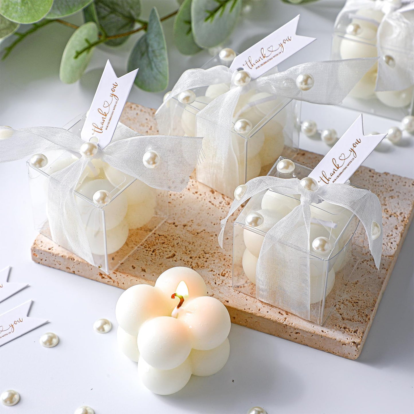 Nuanchu 30 Sets Bridal Shower Favors White 1.6" Mini Bubble Candles Wedding Favors Gifts for Guests Aesthetic Bubble Candles Baby Shower Favor with Thank You Card Ribbon for DIY Baptism Gift