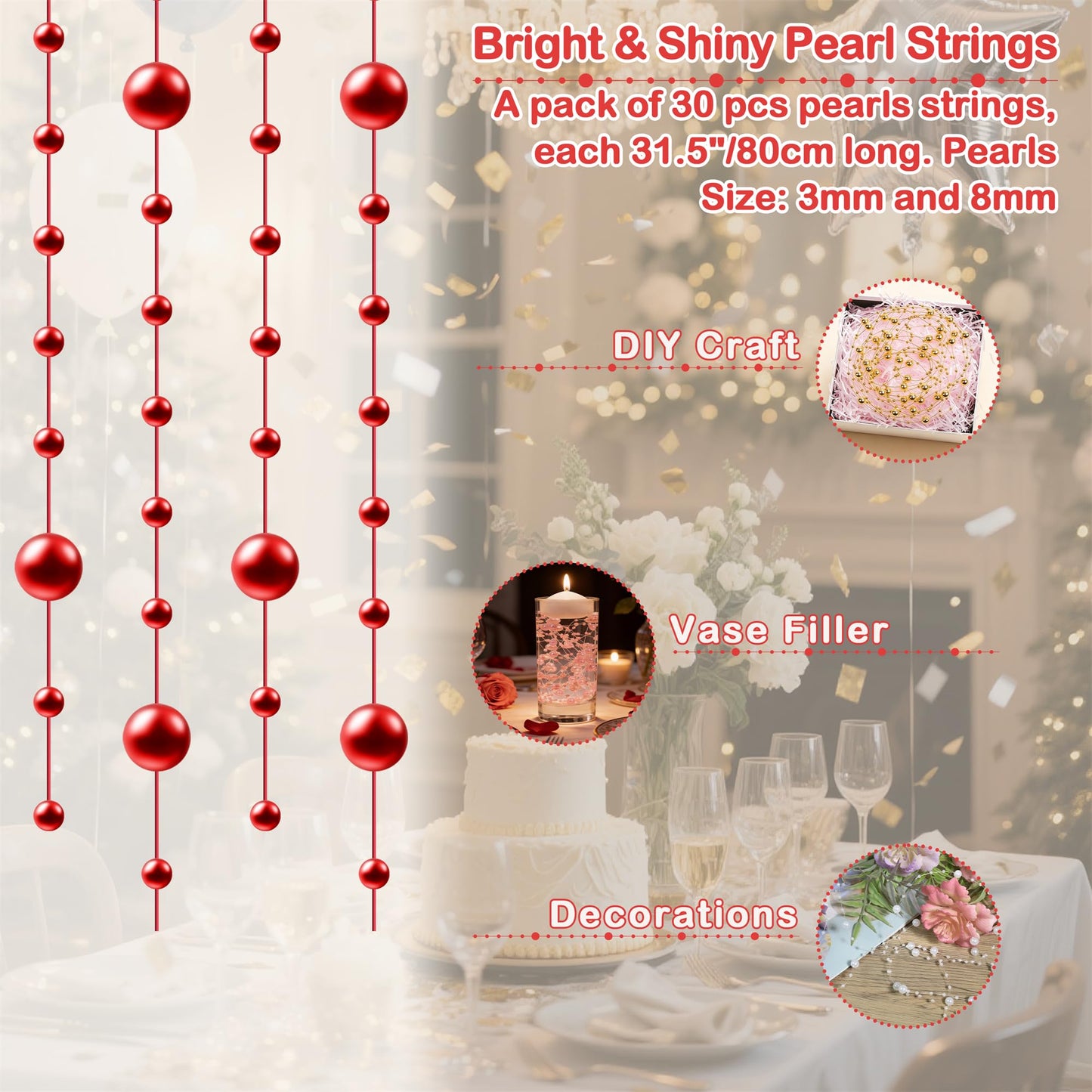 YATOJUZI 30 PCS Artificial Pearl String Red Vase Filler Floating Pearls for Vases Centerpieces Faux Pearl Beads String Decorations Wedding Holiday Party Decor