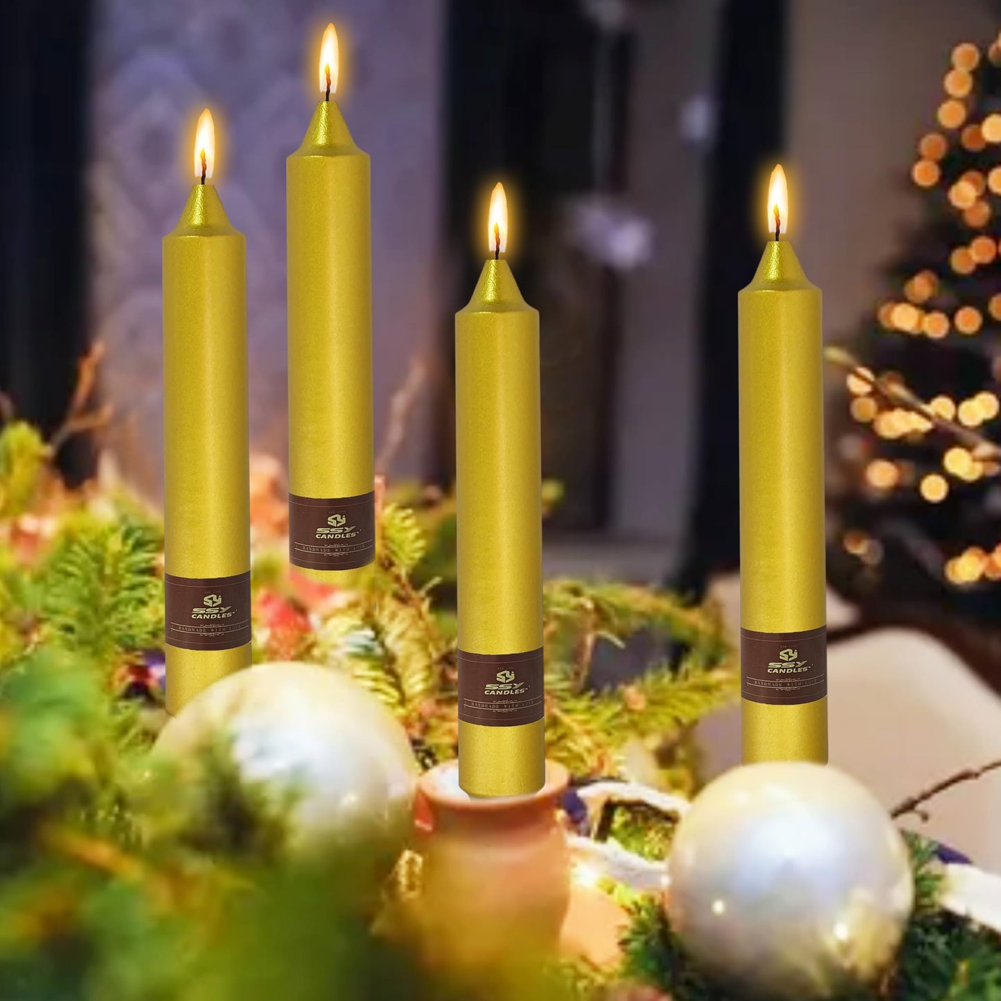 Christmas Metallic Gold Candle 9 Inch Tall Smokeless Taper Candles 4 Pack Unscented Dinner Candle for Christmas Dinner