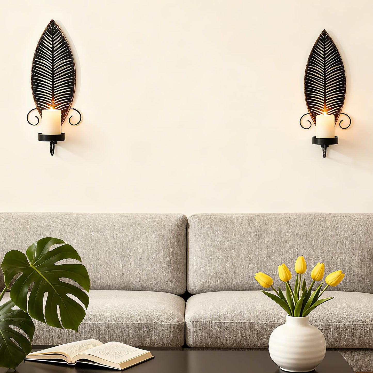 Leaf Wall Candle Sconces Vintage Metal Candle Holder, Set of 2 Wall Candlestick Mounted for Hallway Fireplace Bedroom Living Room (Black)