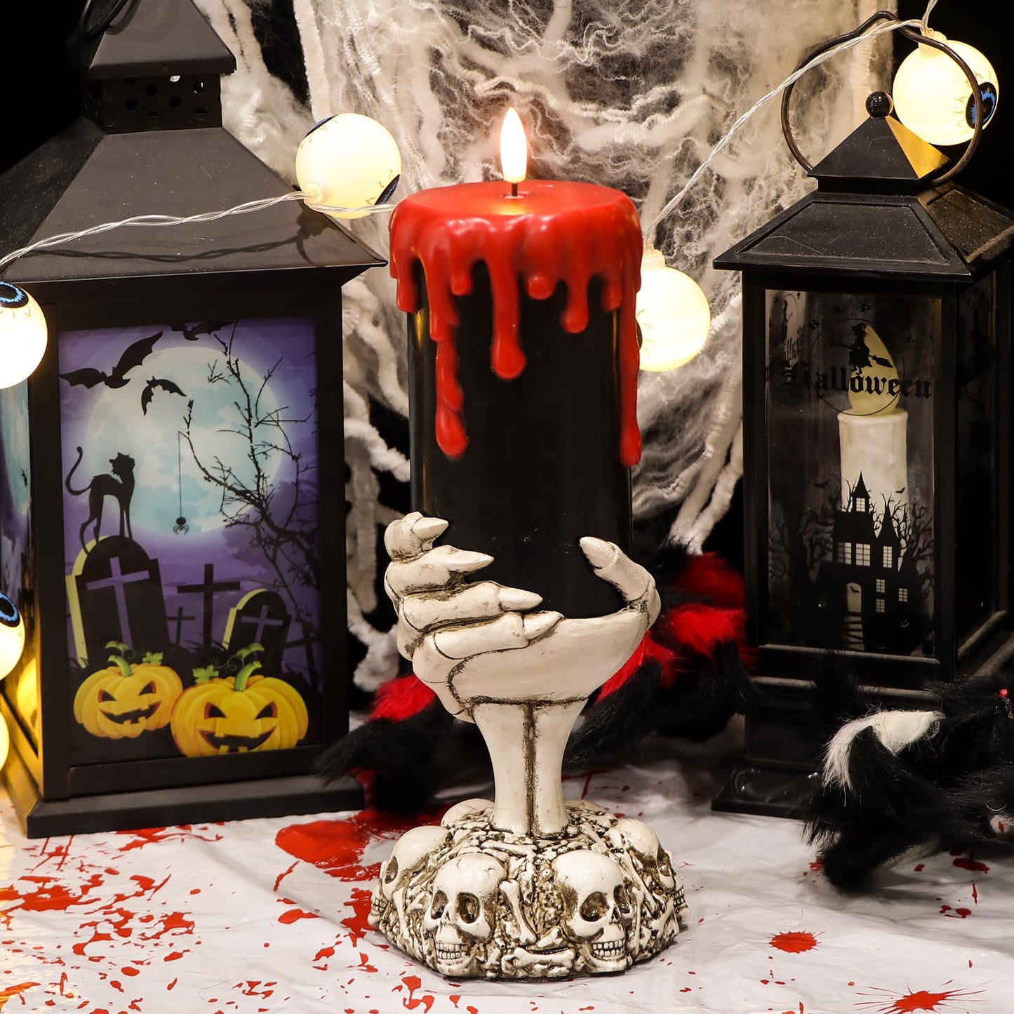 DRomance Black Flameless Flickering Candles with Timer, Blood Dripping Wax Effect Battery Operated LED Pillar Candle with Skeleton Hand Candle Holder Halloween Table Centerpiece Decor(4" x 11")