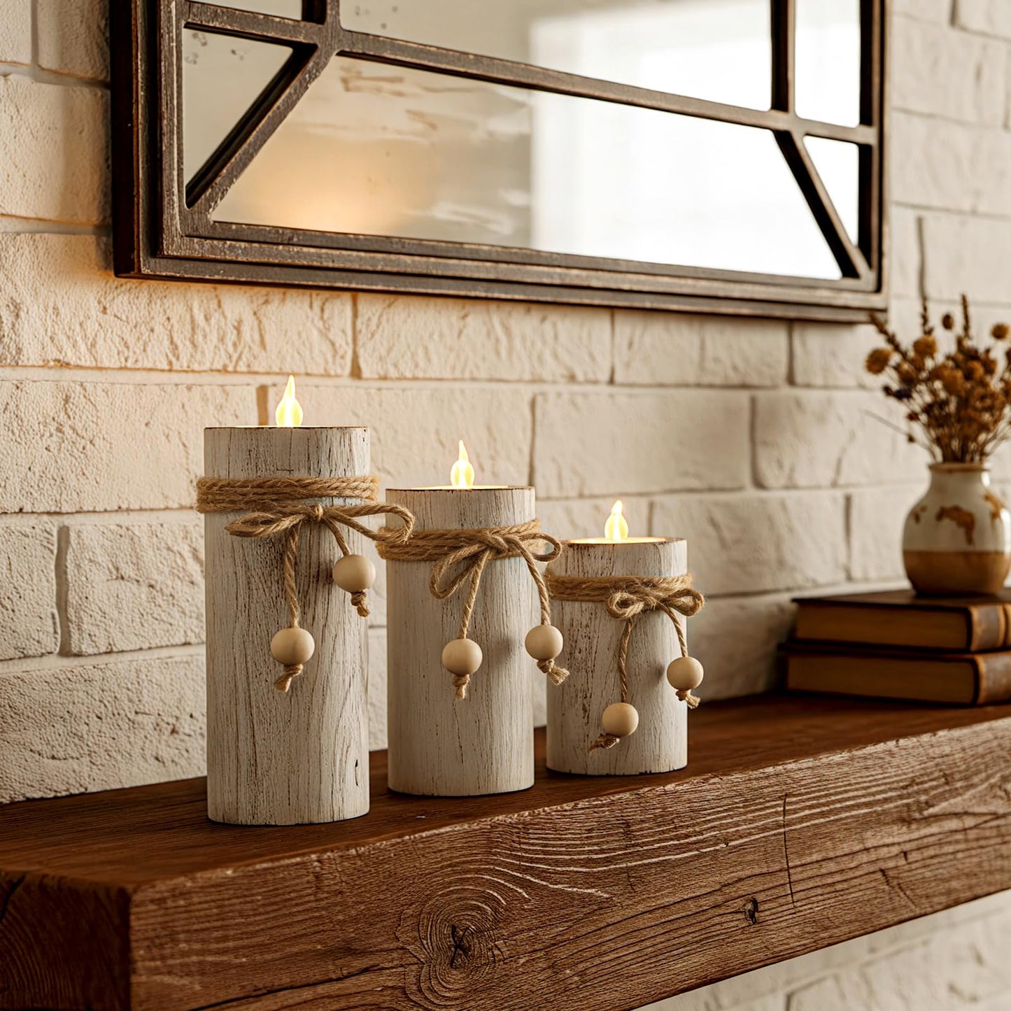 MelonBoat White Pillar Candle Holder:Farmhouse Candle Holders with Battery Operated Candles, Farmhouse Decor with Flameless LED Candles, Wood Centerpieces for Table 3-Pack for Holiday Party Home Decor