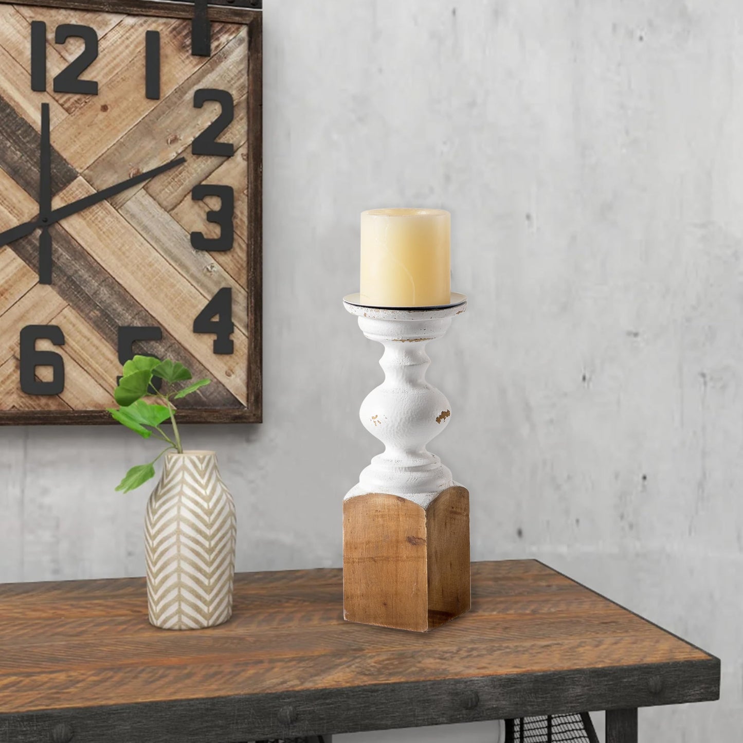 SOFE Wood Farmhouse Candle Holders, 11" Tall White Candle Holders for Pillar Candles, Rustic Candle Stand for Mantel, Coffee Centerpiece Table Decorations, Living Room, Dining Room Decor