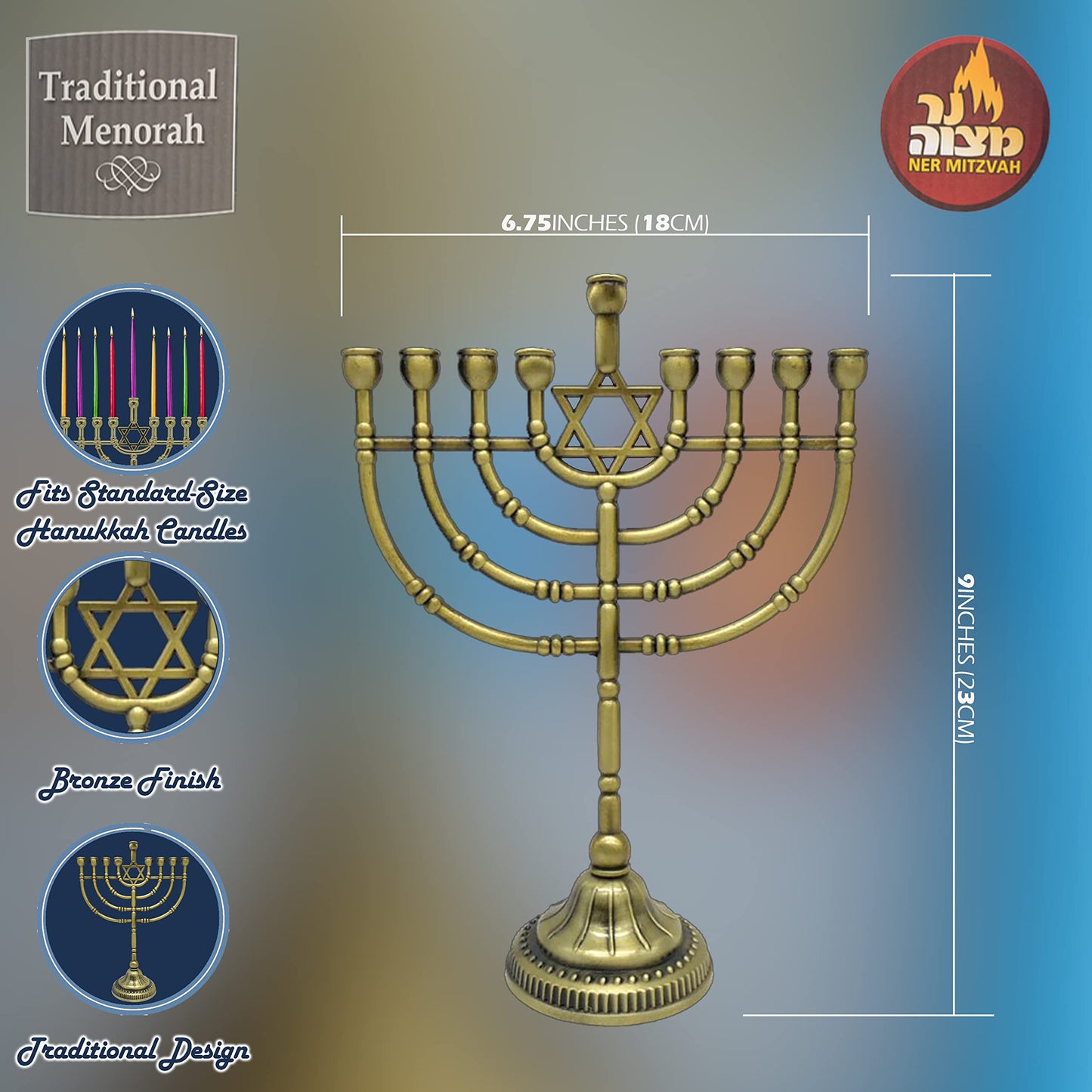 Ner Mitzvah Traditional Bronze Candle Menorah - Chanukah Candles - 9" High