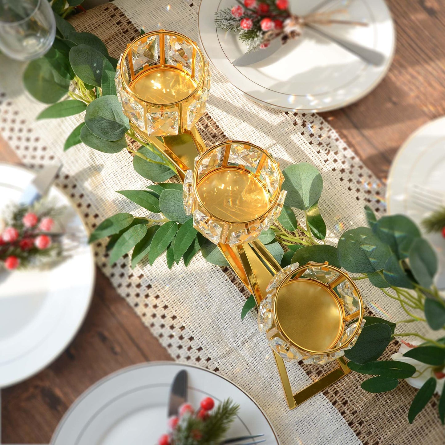 3 Arms Crystal Bowl Tealight Candelabra Votive Candle Stand, Wedding centerpieces for Tables Crystal Candlestick，Centerpiece Table Decorations (Pure Gold)