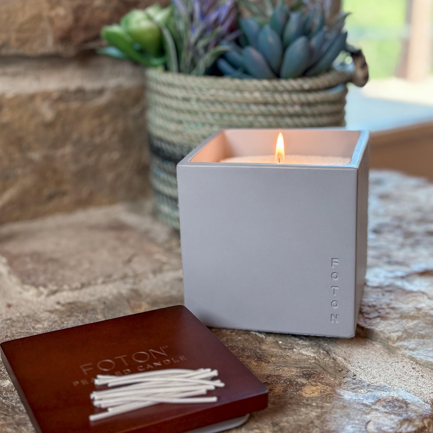 Foton Pearled Candle Le Cube Concrete Vase Set 16 Oz - Lavender Love Scented - Refillable Jar Scented Candle Sand with 15 Wicks - Natural Non-Toxic Decorative Candles for Home