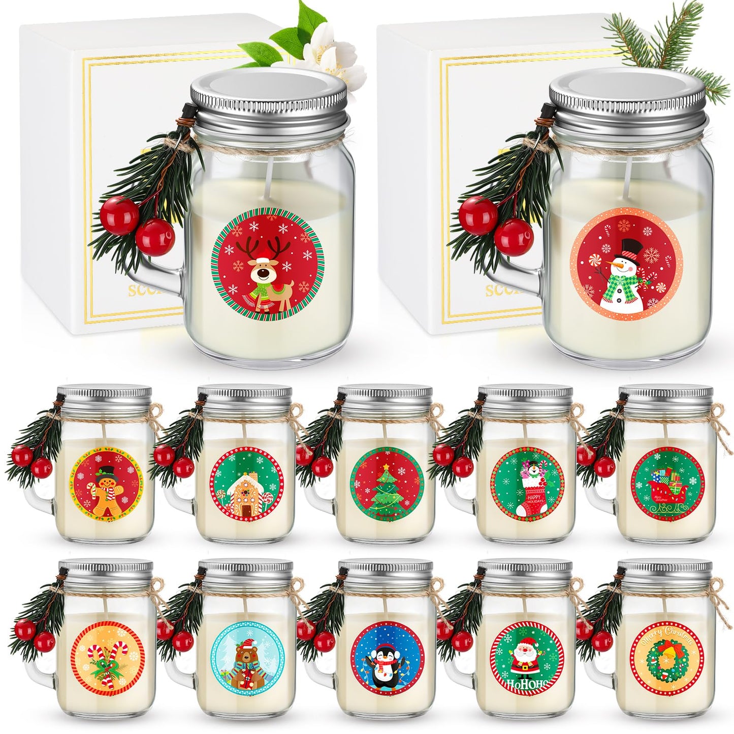 Conelist 12 Pcs Christmas Scented Candle Gift Set 2.6oz 12 Fragrances Soy Wax Aromatherapy Christmas Candles Jars with Pine Needle Berry for Women Home Decorations Birthday Scented Holiday Presents