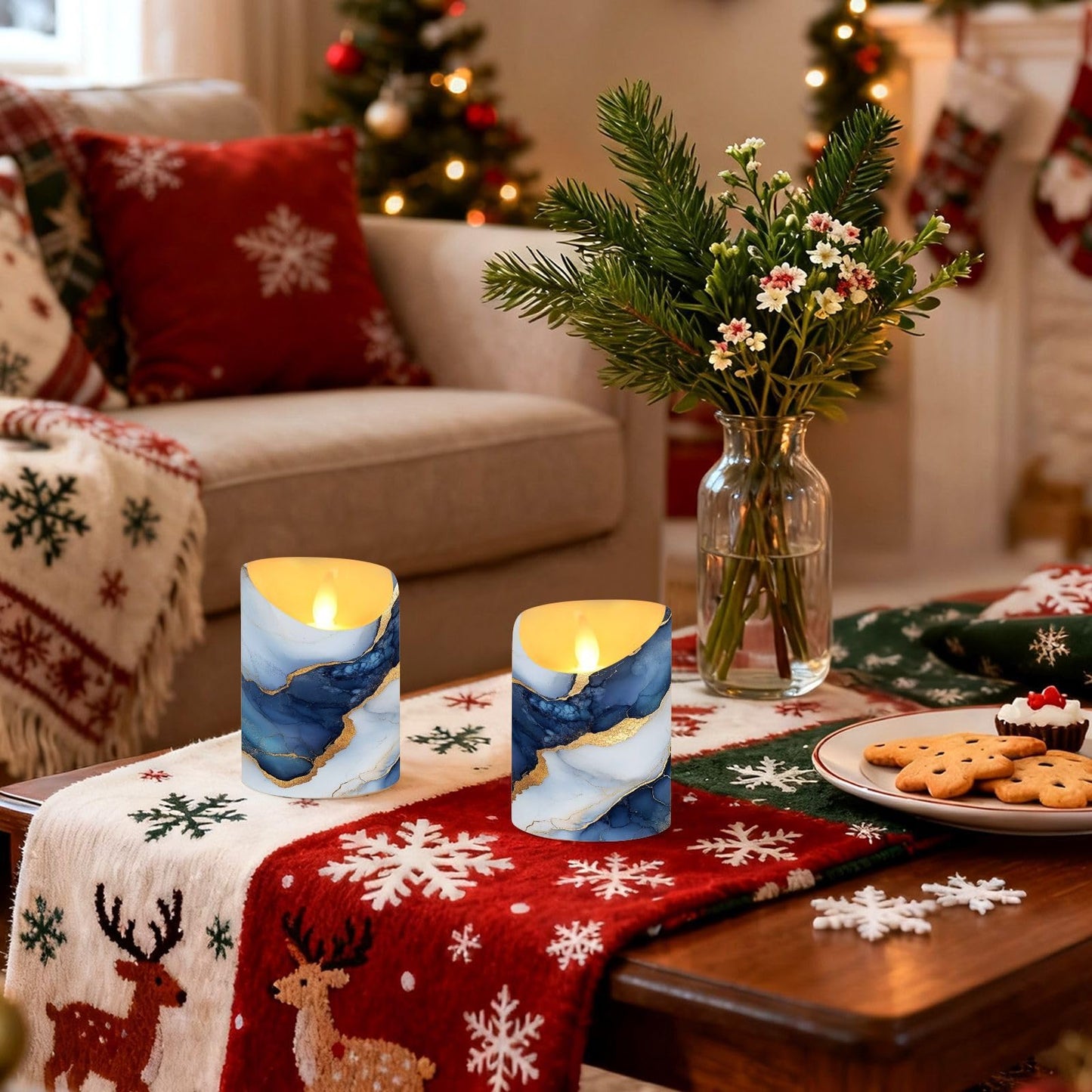 famyily Pillar Flameless Candles Set of 2 Battery Operated Candles for Living Room 5.9x3in - Marble White Navy Blue