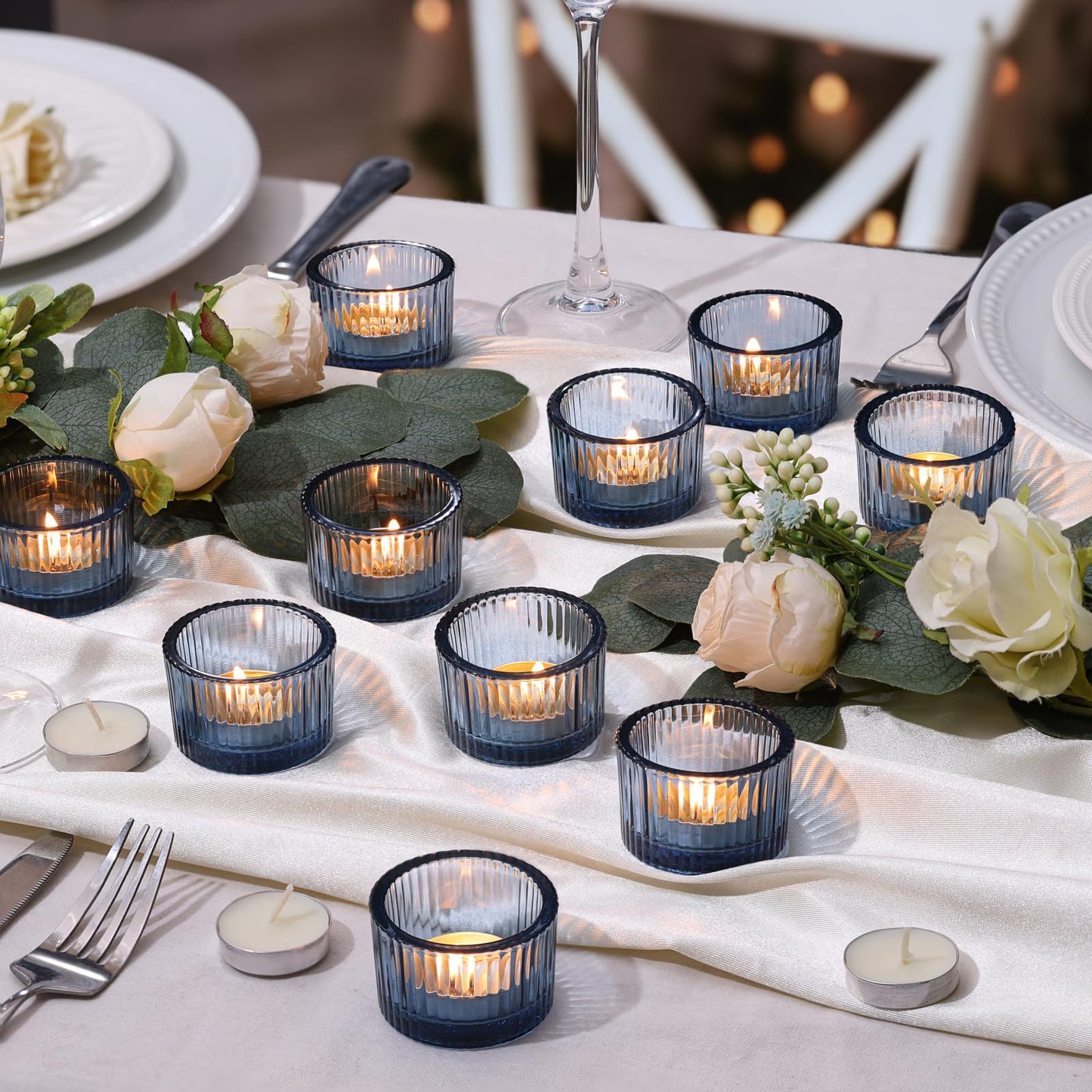 NITIME 30Pcs Blue Tealight Candle Holder, Ribbed Votive Candle Holders Glass with 32pcs Tea Light Candles for Wedding Decor, Home Decor and Party Decor