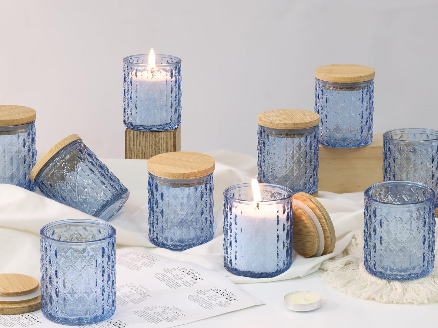 NITIME 15pcs 7.5oz Blue Candle Jars for Making Candles, Glass Candle Vessels with Bamboo Lids and Sticky Labels, Candle Containers for Making Candles and Candle Making Supplies