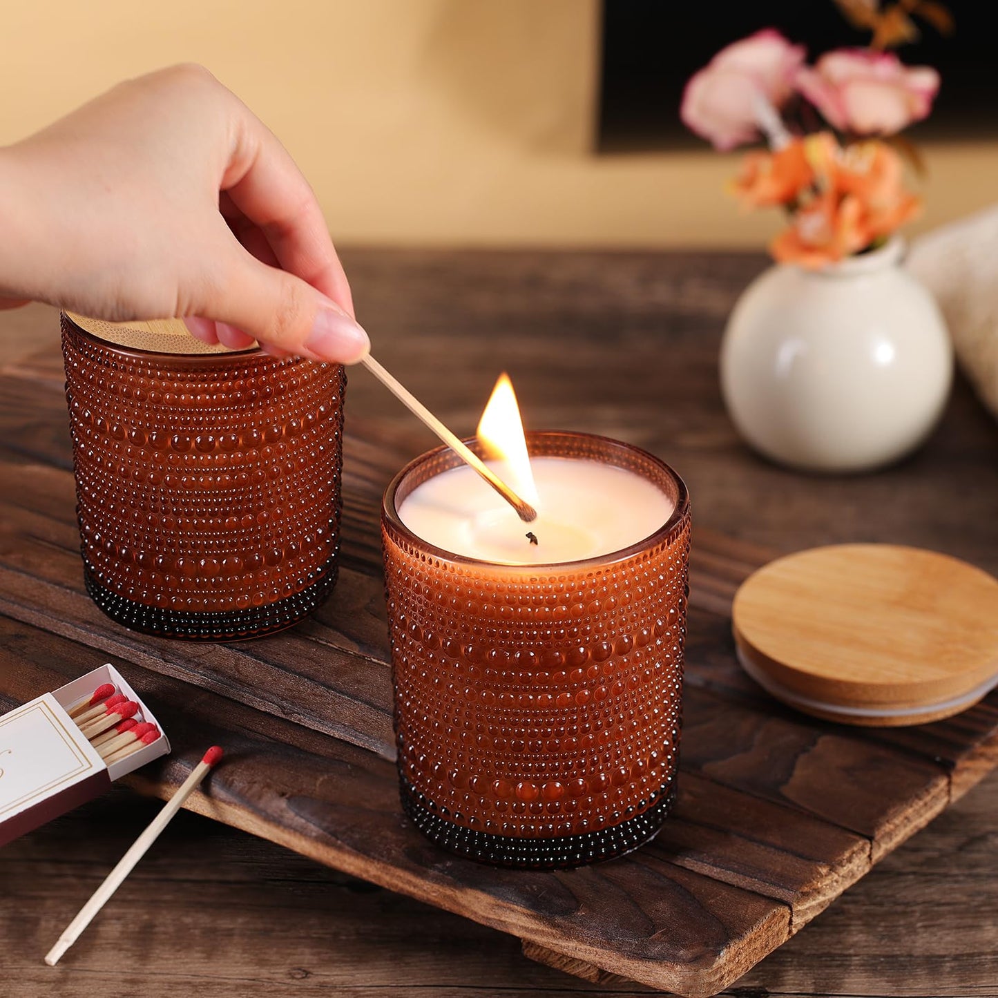 DARJEN 12 Pack Amber Candle Jars for Making Candles- 8 OZ Empty Glass Candle Making Jars with Bamboo Lids and Labels, Candle Containers Candle Making Kits for DIY Gifts
