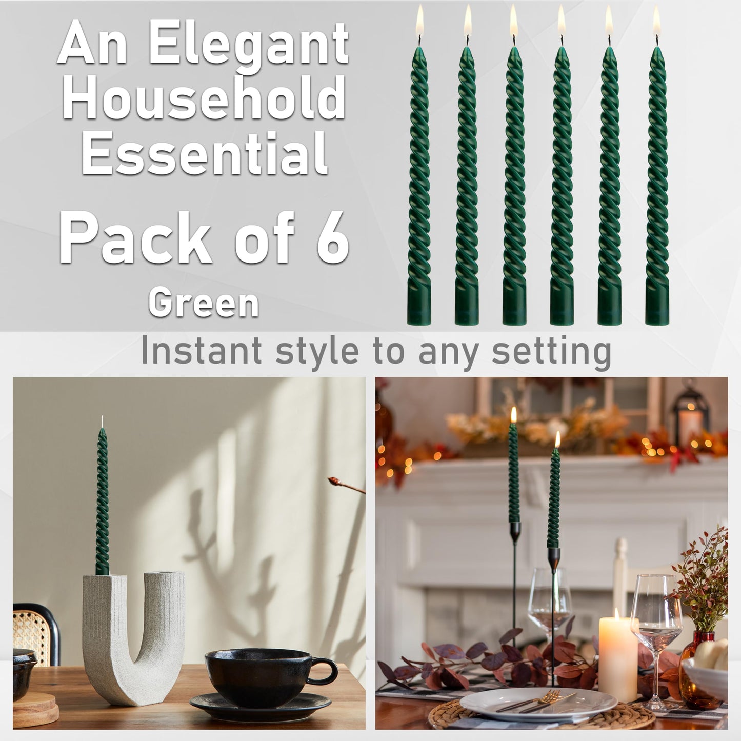 DECO EXPRESS Candles, Pack of 6 Dinner Candles, Non Drip Twisted & Non Scented, Long 6 Hours Burning Time, Cosy Home Decor, Birthday, Valentine’s Day & Mother’s Day Gift Idea (Green - Pack of 6)
