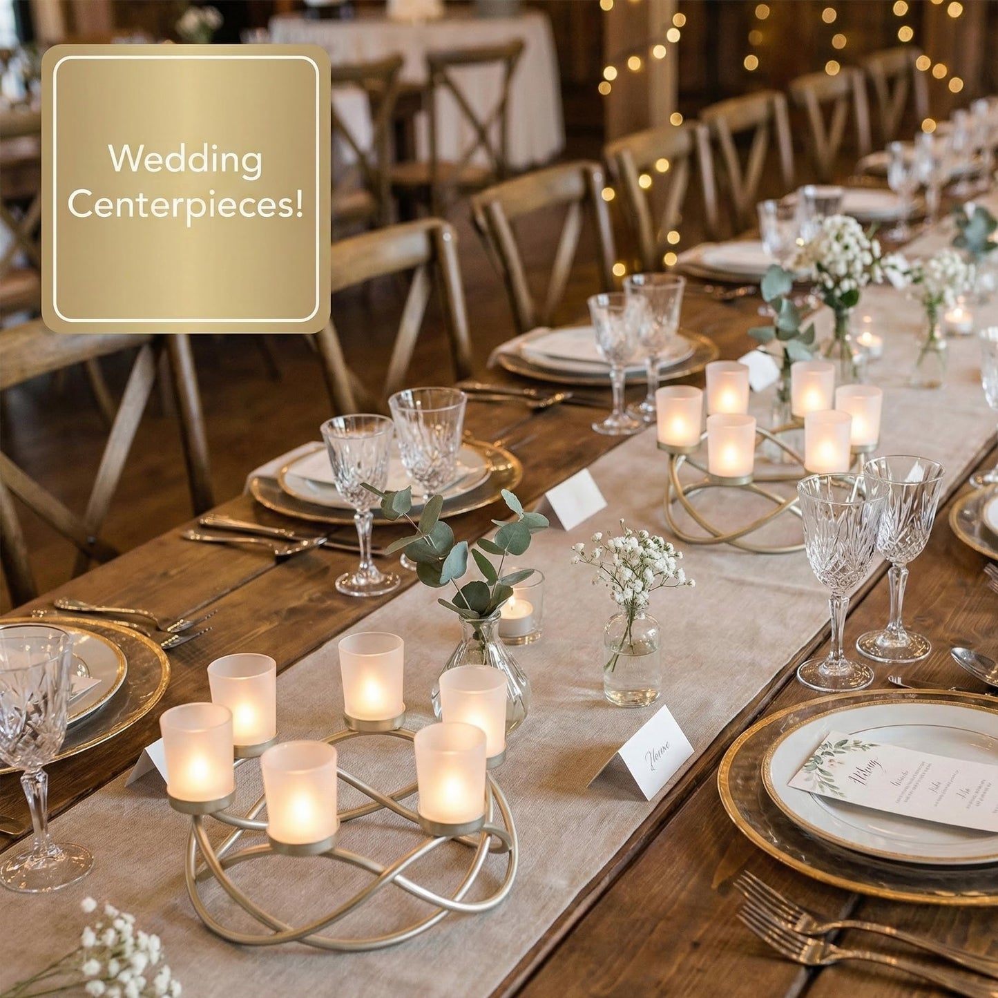 Seraphic Centerpieces for Table Decorations - Round Candle Holders for Outdoor Patio, Dining, Kitchen, Coffee & Wedding Table Decor, Gold Iron Candelabra, 6 Frosted Glass Votive Tealight Cups