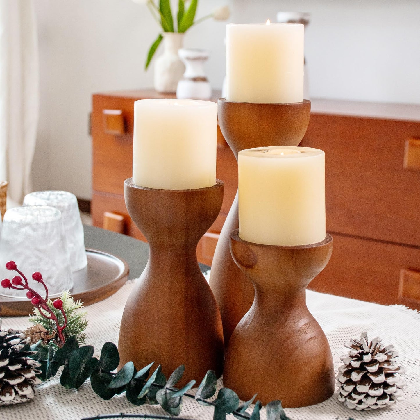 Set of 3 Farmhouse Wooden Candle Holders for Pillar Candles , Brown Rustic Wood Pillar Candle Stands Table Centerpiece Decor for Fireplace, Living, and Dining Room