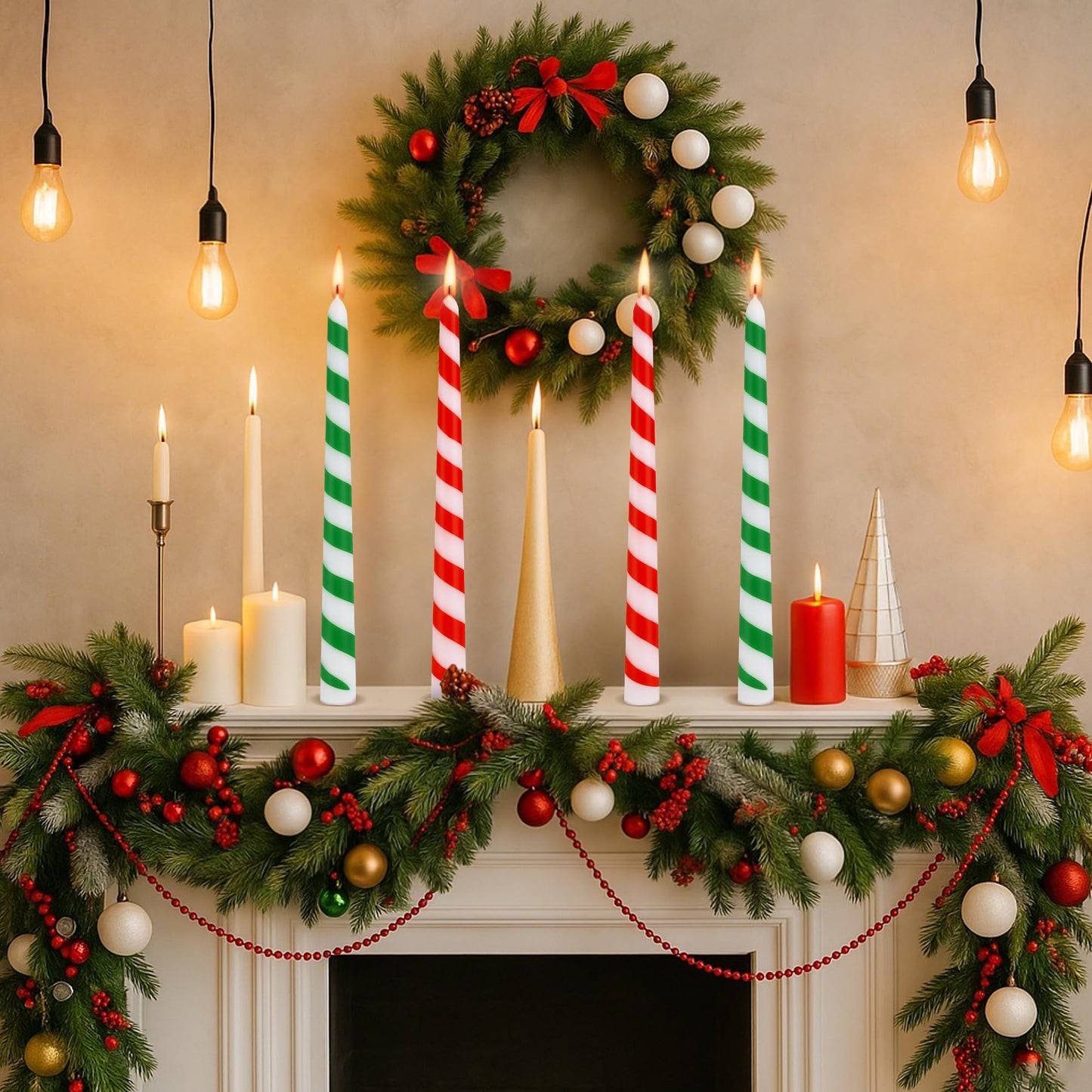 EBaokuup 6 Pcs Christmas Stripe Taper Candles,10 Inch Candy Cane Taper Candles,Red Green Christmas Decorative Tree Candles for Home Table Decor Wedding Party Centerpiece