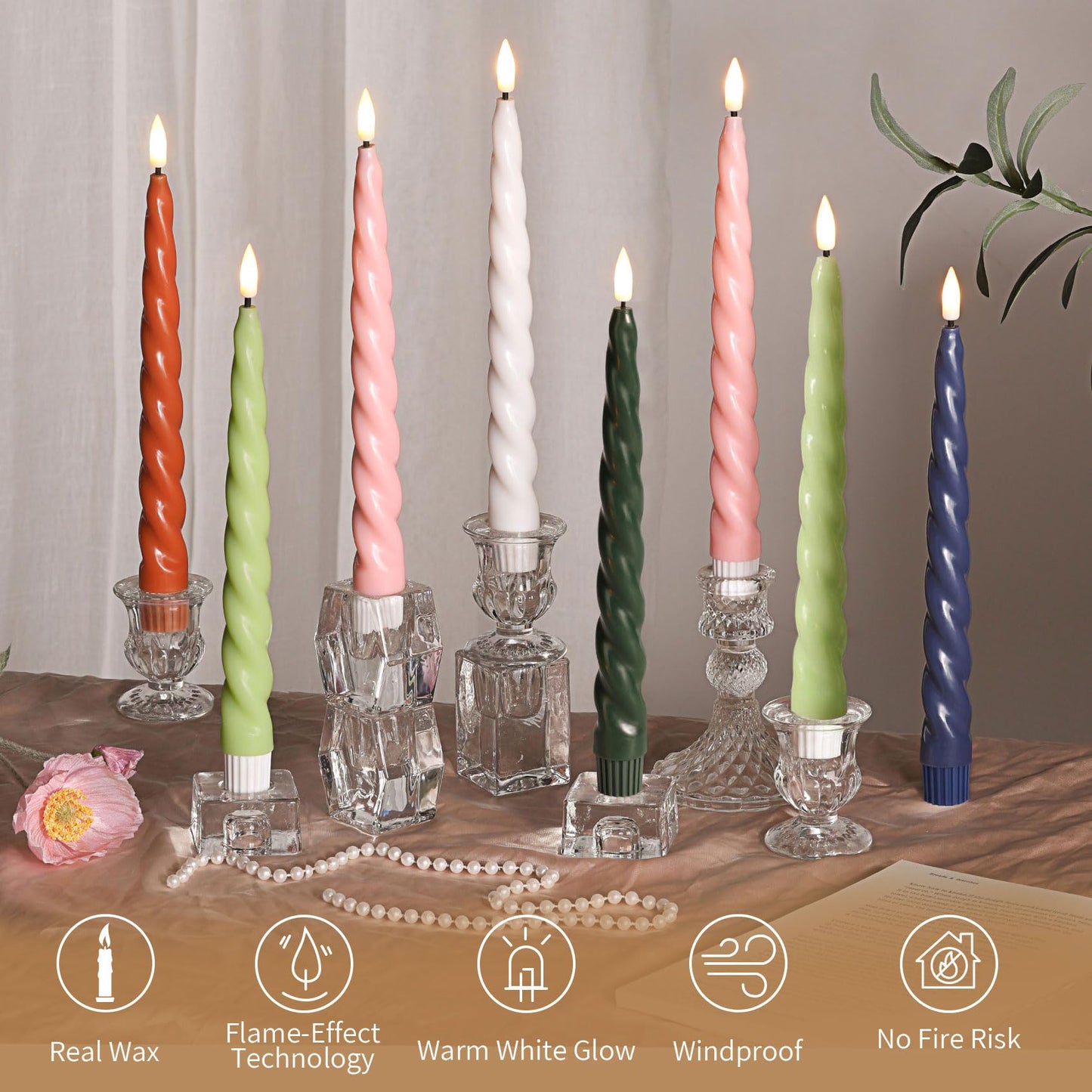 Girimax White Flameless Taper Candles with Remote, Spiral Candles Battery Operated, Flickering LED Wax Candlesticks Set of 6