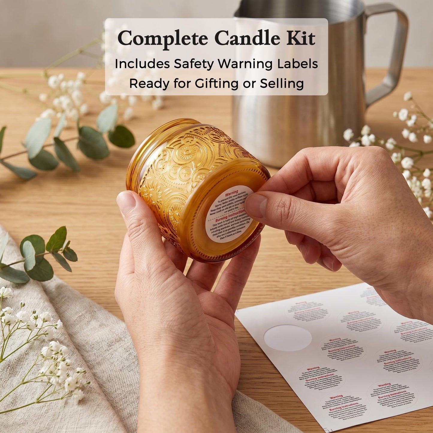 18-Pack 4oz Embossed Glass Candle Container with Bamboo Lids and Labels, Orange Candle Jars for Making Candles, Sun Moon Star Design