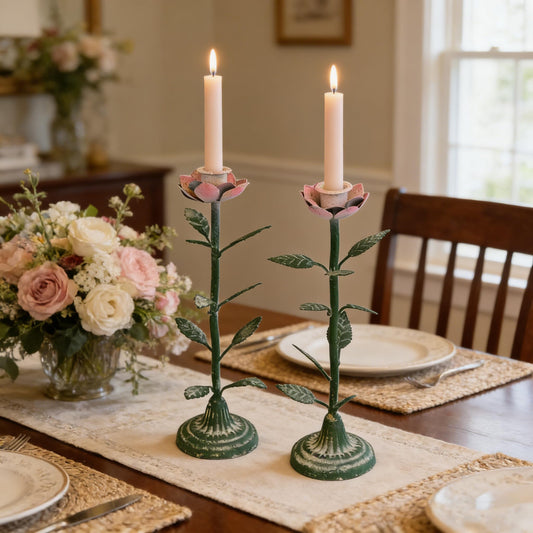 2-Piece Vintage Rose Taper Candle Holders, Distressed Green Metal Candlestick Stands with Pink Floral Design, 12.2" Tall Rustic Farmhouse Tabletop Decor for Wedding, Dining & Home
