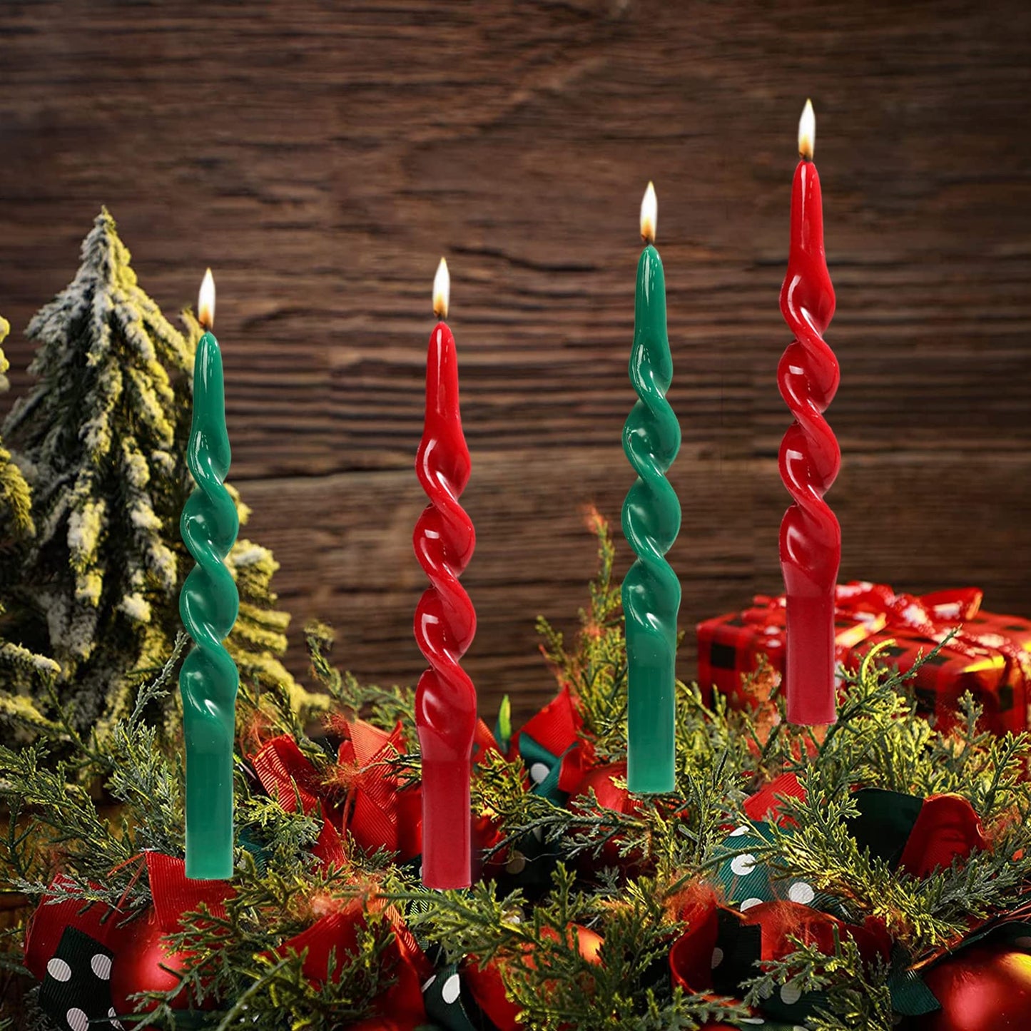 MAITREYA Christmas Taper Candles Conical Stick Candles Spiral Candles-Set of 4 for Decoration Weddings Party Church-Unscented Dripless Candles,10inch(C-Green,Red)