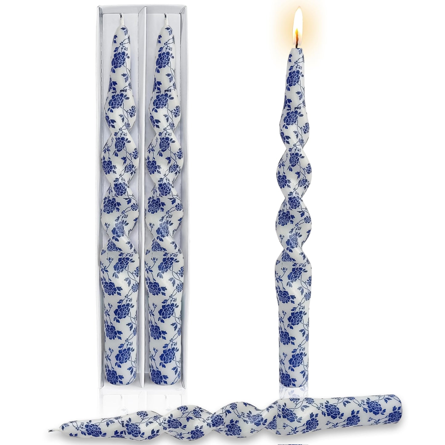Blue Flower Printed Spiral Candles Set of 2, 10 Inch Handmade Tapered Candles, Unscented Floral Candle Stick Style Candlesticks for Wedding Home Decor Gift