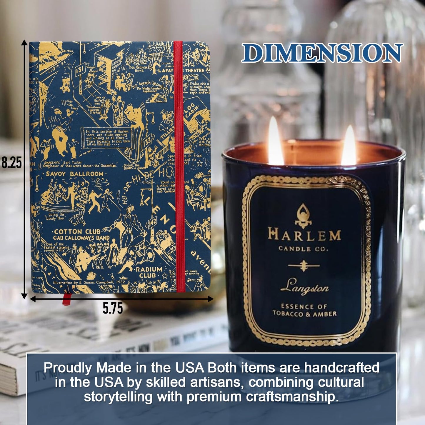 HARLEM CANDLE CO. Langston Candle & Night Club Map of Harlem Journal Bundle, Luxury Scented Soy Candle (11 oz, 80-Hour Burn), Vegan Leather Journal (300 Pages), Elegant Gift Set