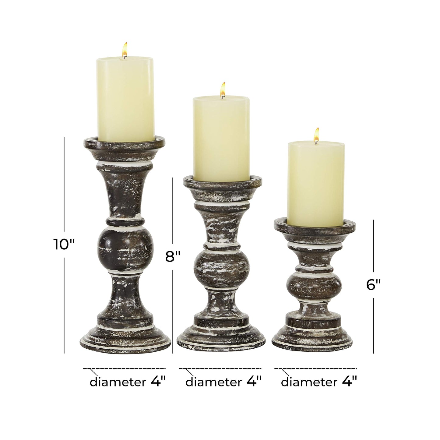 Deco 79 Wood Candle Holder, Set of 3 6', 8', 10'H, Dark Brown
