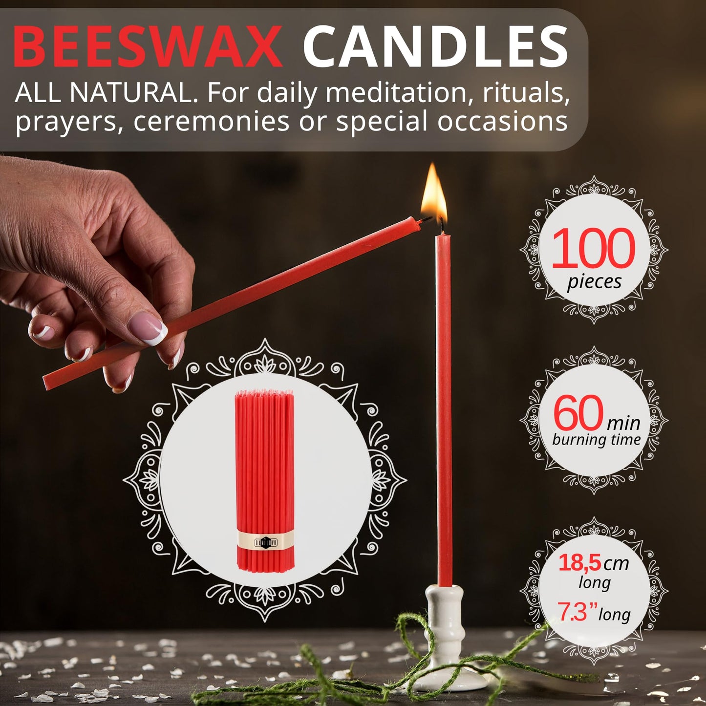 Danilovo Thin Taper Beeswax Candles - No-Drip, Smoke-Less, Tall, Decorative, Honey Scented Candles Ideal for Church Prayer, Rituals, Decor or Birthday – 7.3”x0.24” (Red, 100pcs)