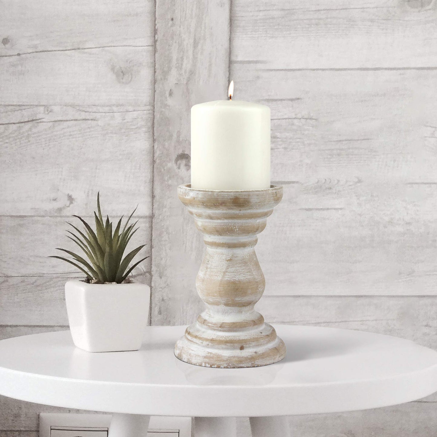Stonebriar Antique White Wooden Pillar Candle Holder, Vintage Seaside Pillar Stand for Dining Table Centerpiece, Coffee Table, Mantel, Or Any Table Top, Medium