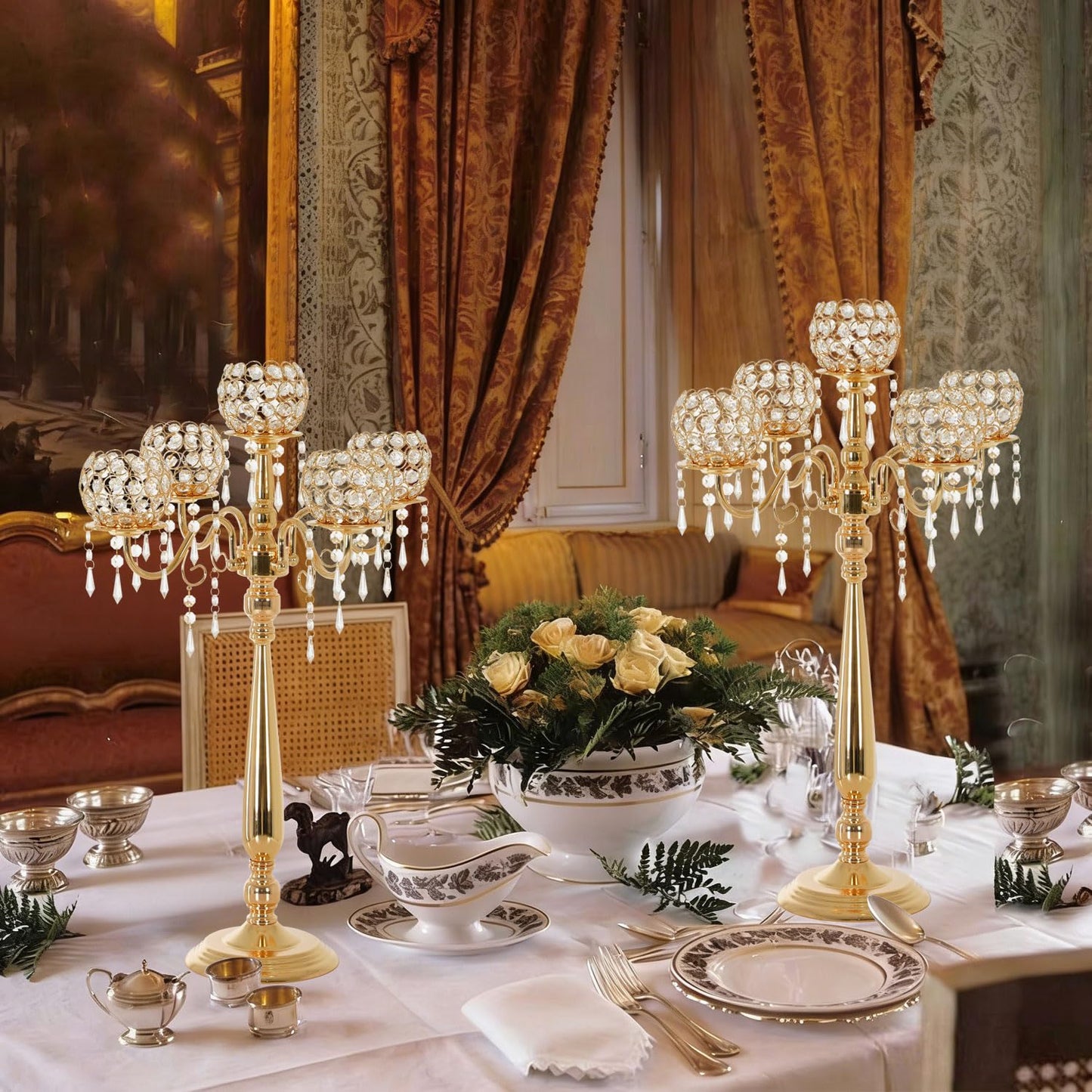 4 Packs 5 Arms Crystal Candelabra for Wedding Centerpiece, Gold Floor Candle Holder Set with Chandelier Crystal Beaded Anniversary Dinner Party Table Decor candelabros de mesa Elegantes Palace Themed