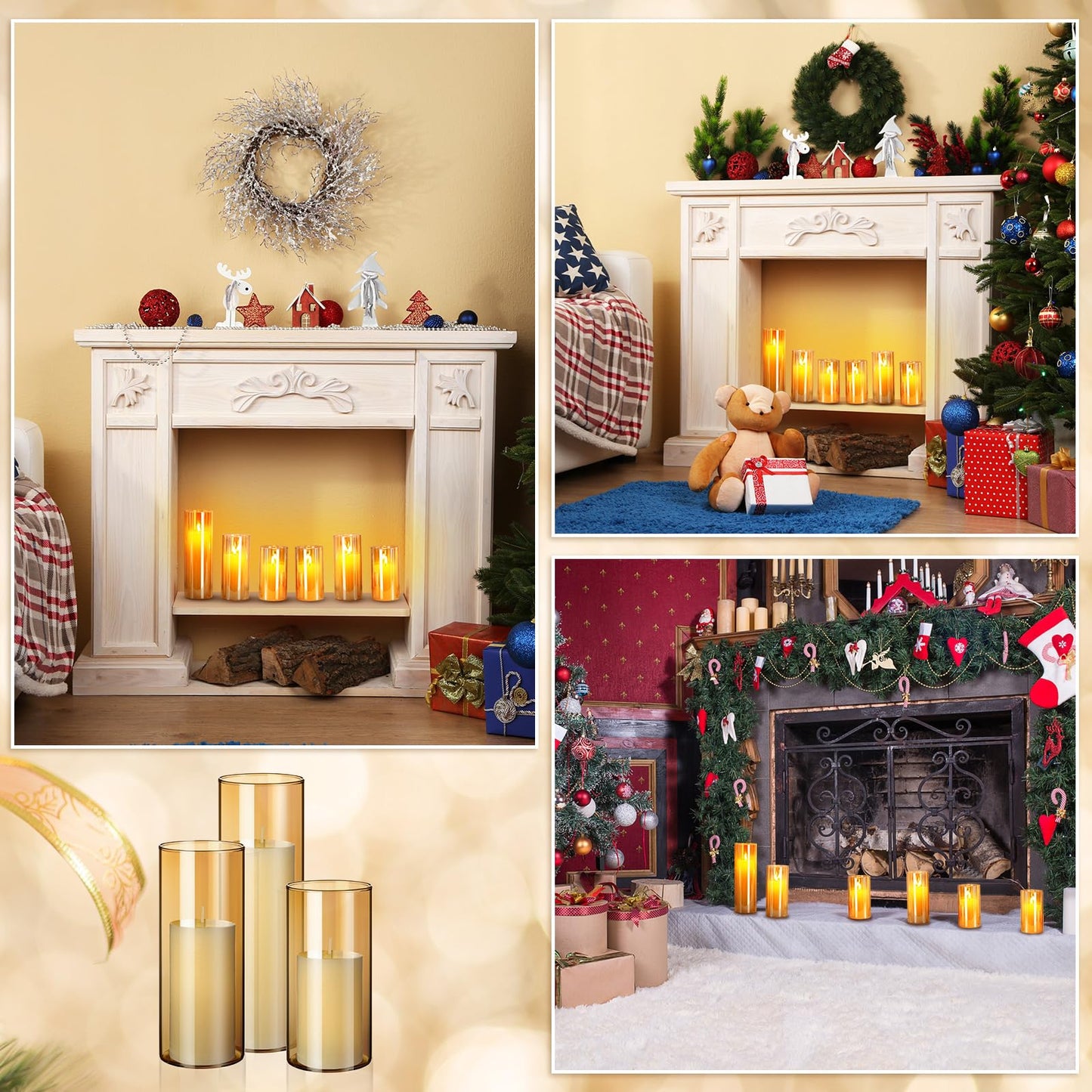 Shihanee 36 Pcs Pillar Candles and Glass Cylinder Vases Tall Cylinder Holders for Pillar Candles Wedding Centerpieces, Total 18 Sets(2.6'' X 4.7'', 5.9'', 7.9'',Amble,Ivory)