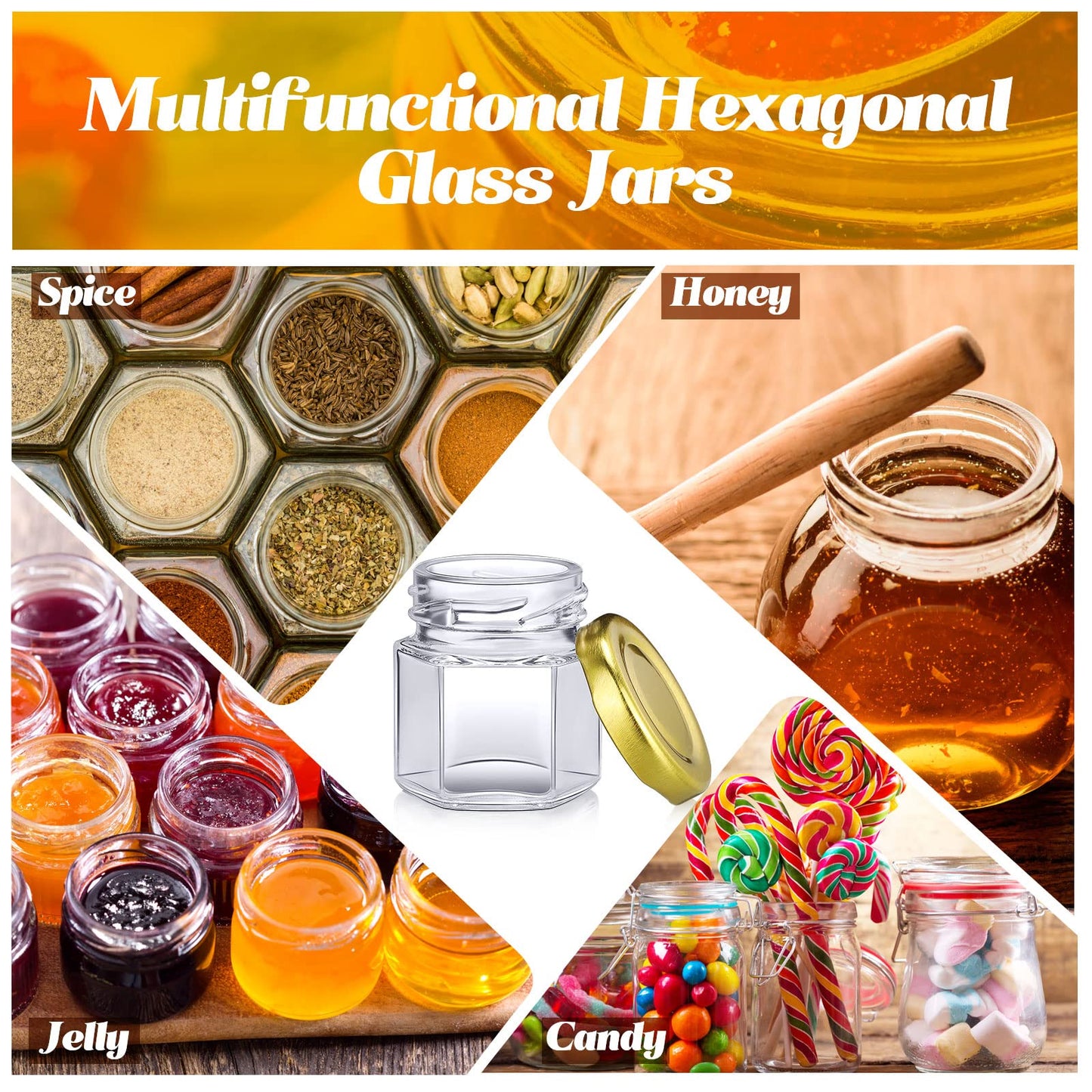 Nuogo 100 Pack 1.5oz Mini Hexagon Glass Jars Bulk for Wedding Small Honey Jars with Lids Spice Jars Canning Jars Mason Jars for Gifts Candy Honey Wedding Party Favors DIY Crafts