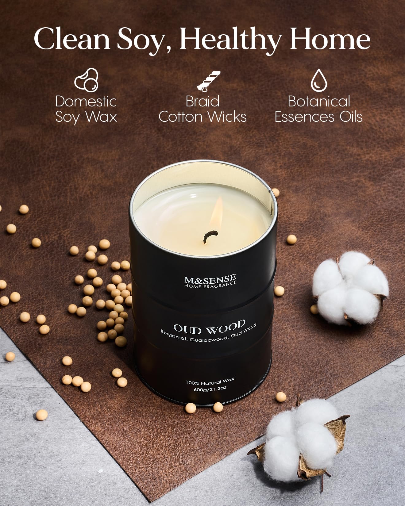 M&SENSE Oud Wood Large Scented Candles Natural Soy Wax, 21.2oz Long Lasting Up to 120 Hours Burning Time, Unique Candle Gifts for Men Women