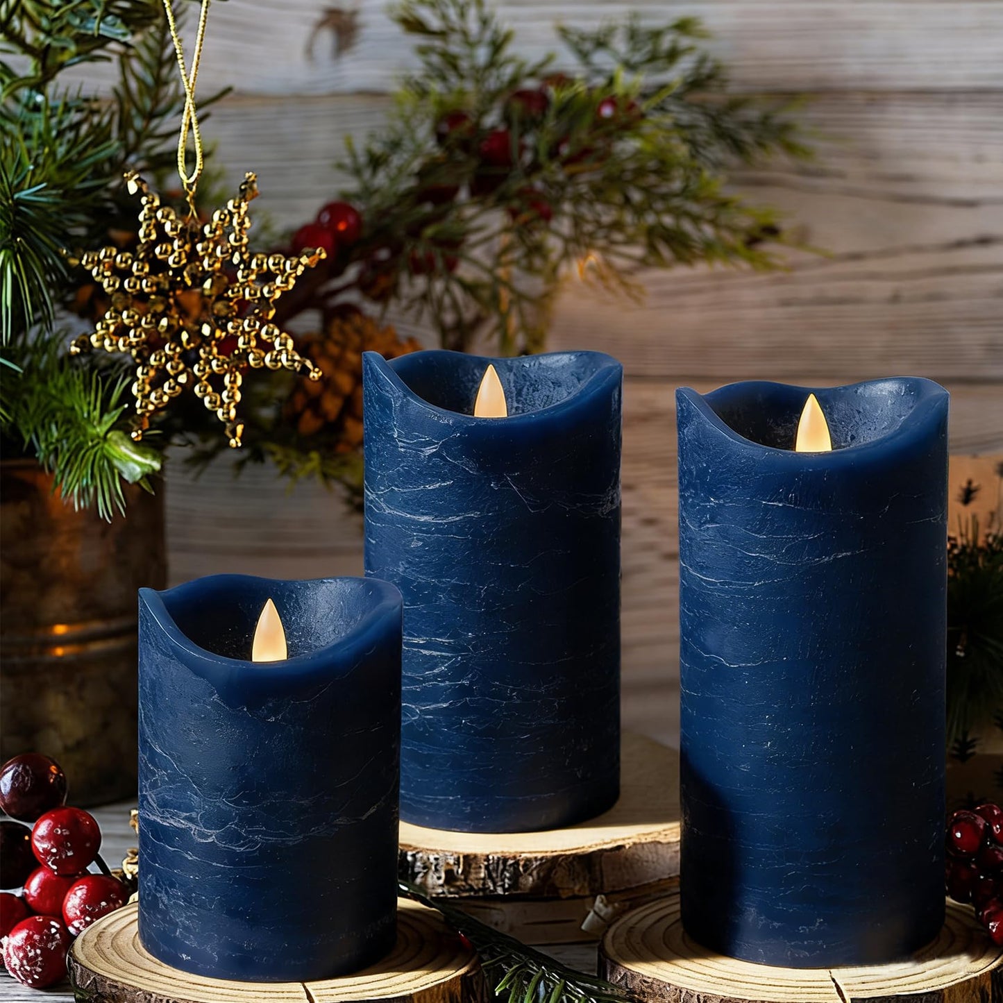 EZiKitchen Real Wax Flameless Candles Set of 3 (D 3" x H 4" 5" 6") Battery Operated LED Candle with Timer Home Decorative Pillar Flickering Lights,Wedding Party Events Decor,Navy Blue