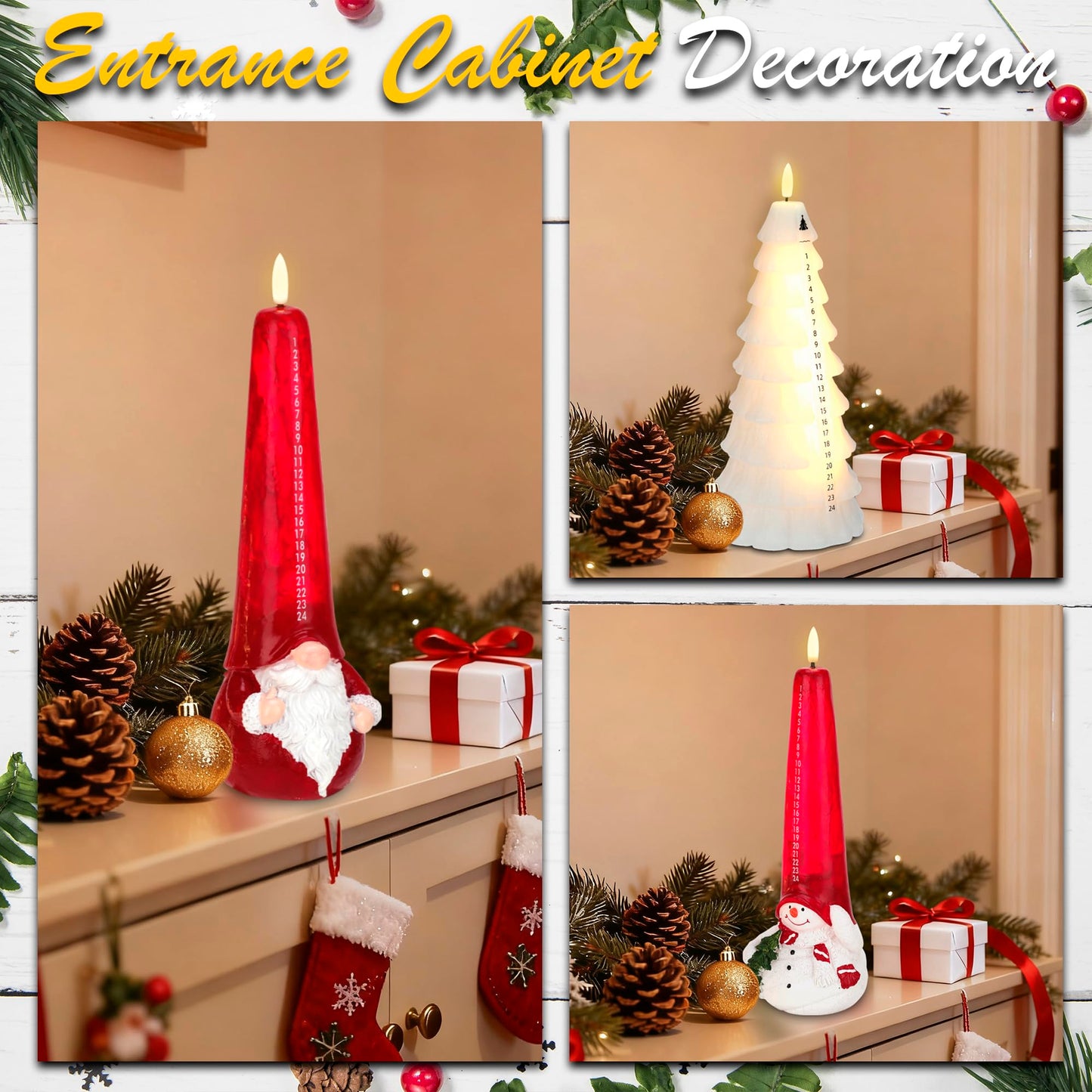 JOIONE Flameless Christmas Gnome Countdown Candles with Remote, 24-Day Automatic Countdown Battery Operated LED Advent Calendar Candle, Christmas Decoration for Home