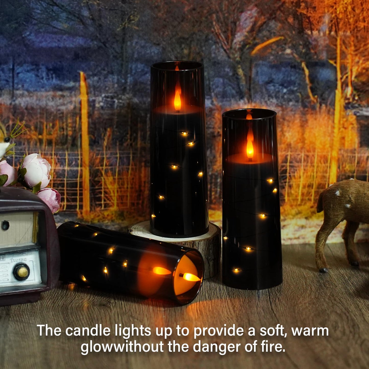 Flameless Candles,with Embedded Star String, Battery Operated Candles Flickering LED Pillar Candles with Remote Control and Timer, Home Decoration Add a Warm and Romantic Atmosphere，Set of 7 (Black)