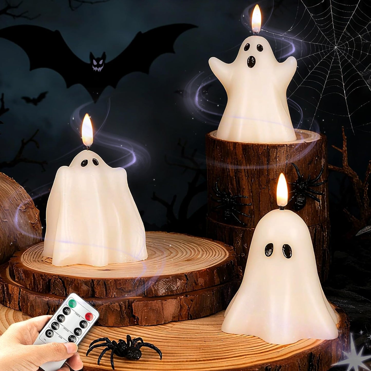 JOIONE Halloween Flameless Candles with Remote, 3D Flickering Flame Real Wax LED Battery Operated Candles, Cute Ghost Halloween Candle for Party and Home Decorations, Set of 3