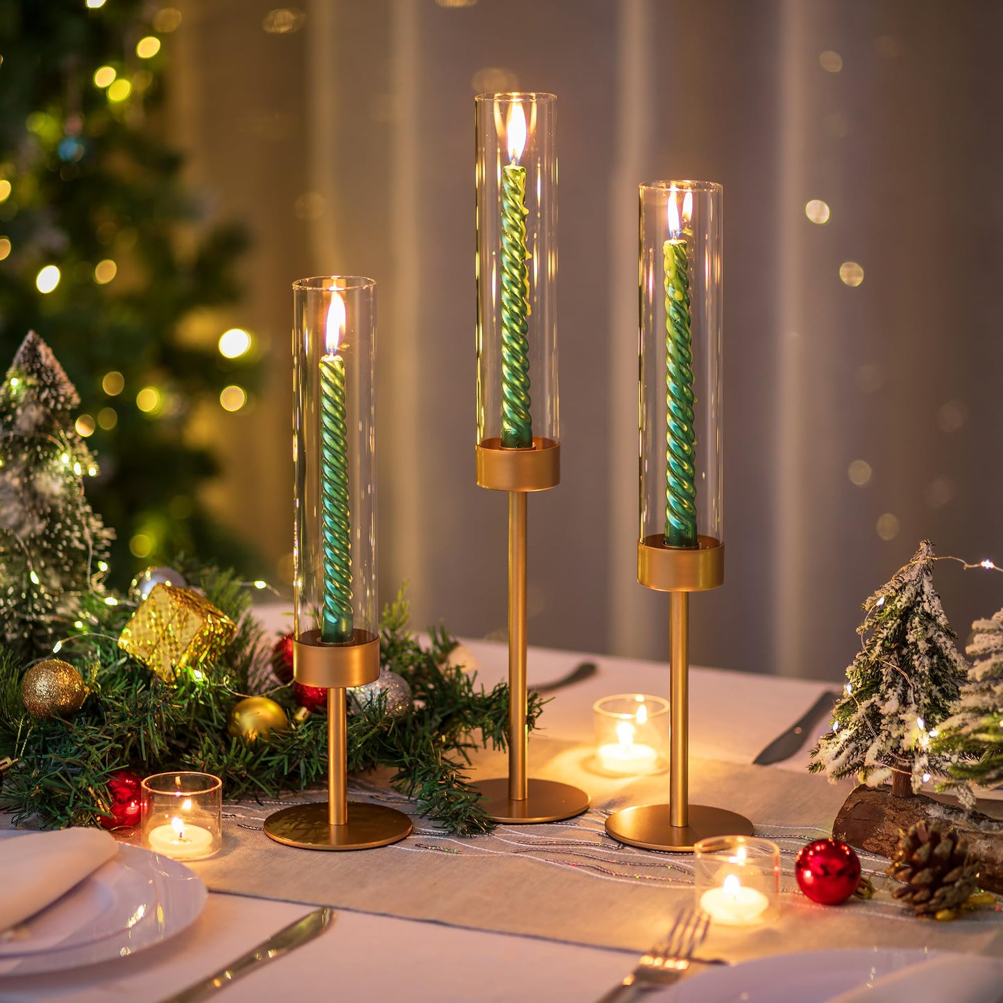Glass Hurricane Candlestick Holders Gold - Romadedi Taper Candle Holder Tall Clear Glass Cylinder Table Centerpiece Wedding Decor Party Birthday Christmas Home Decorations Set of 3